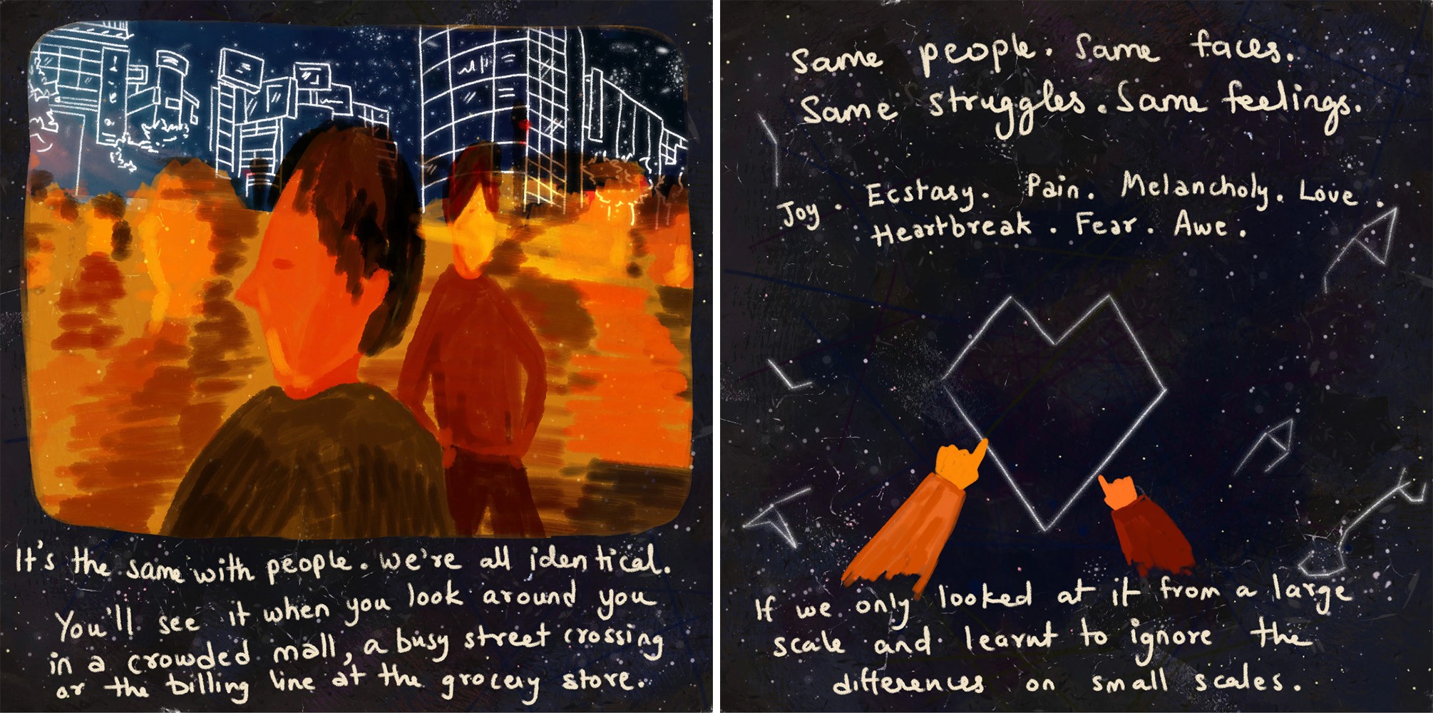 Comic panels comparing crowds of people to galaxies: same faces, same struggles, same feelings