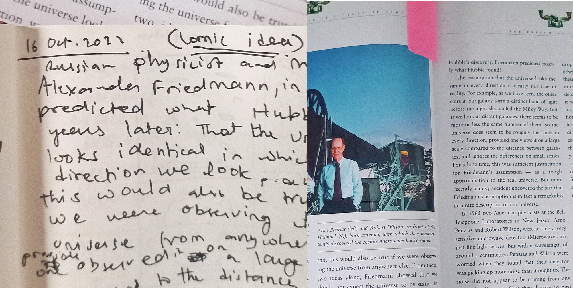 Handwritten comic idea notes beside a page of Stephen Hawking's A Brief History of Time