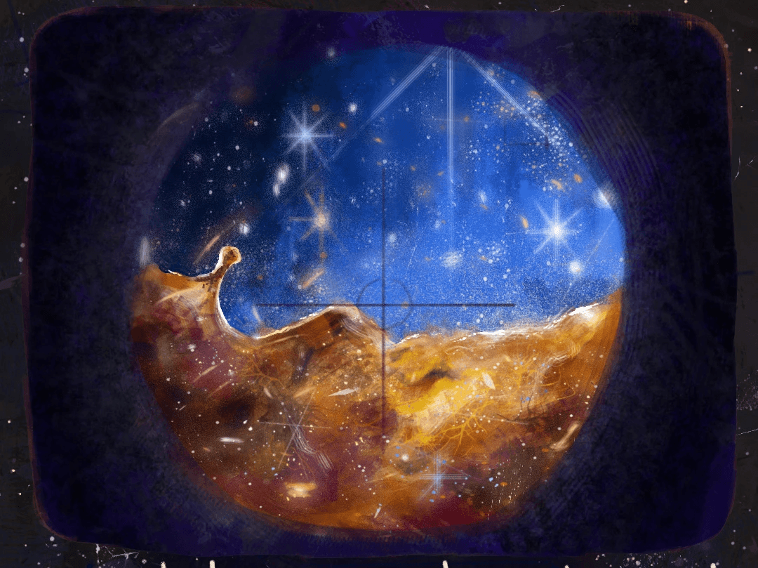 Illustration of the universe seen through a round porthole, stars over golden cosmic dust, from the comic Friedmann and Feelings