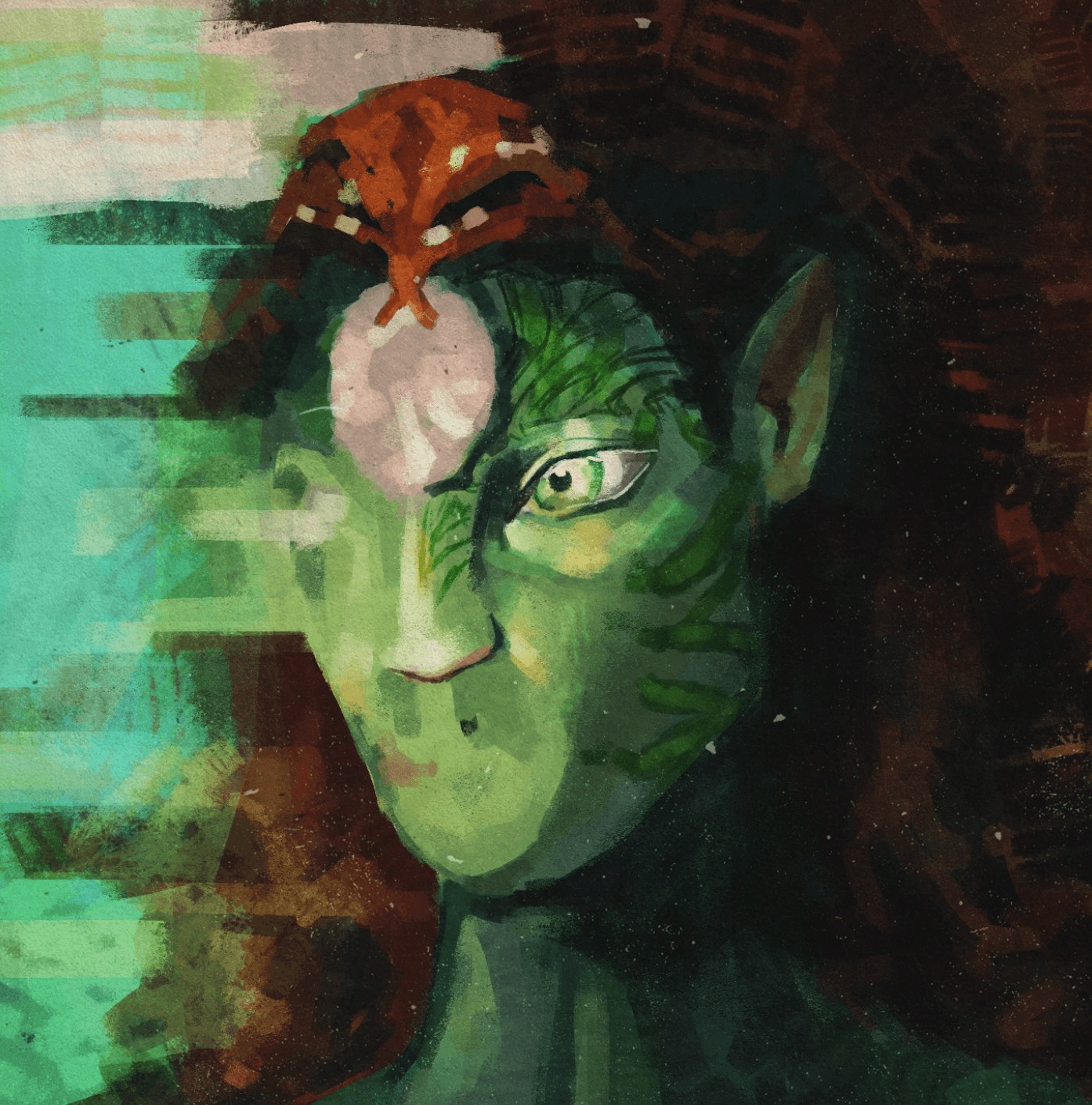 Digital painting by Riya Kumari of a green-skinned woman wearing a red serpent crown, with glitchy teal brushwork