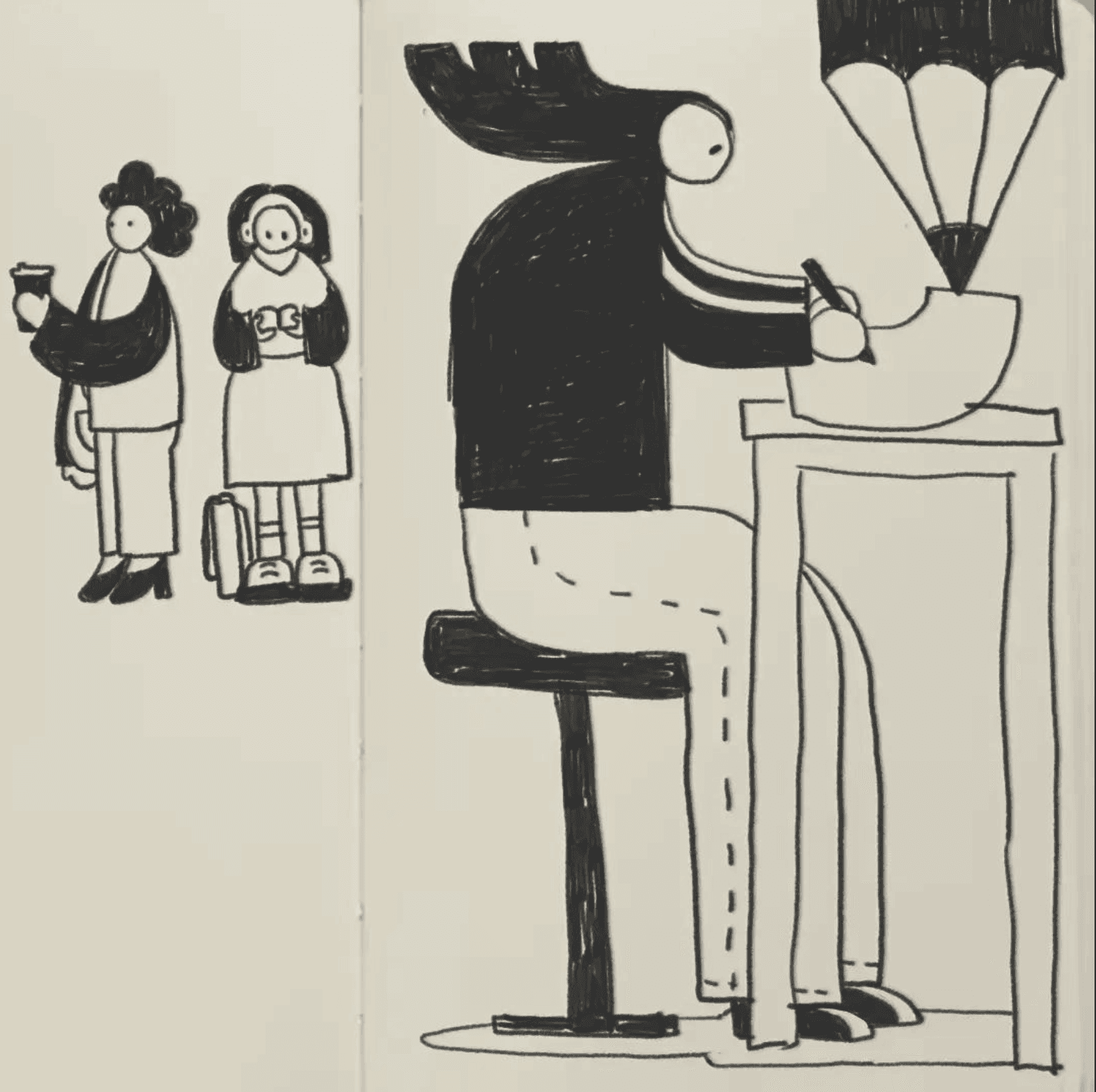 Black ink line illustration of an artist drawing at a tall desk with a giant pencil while two small figures watch