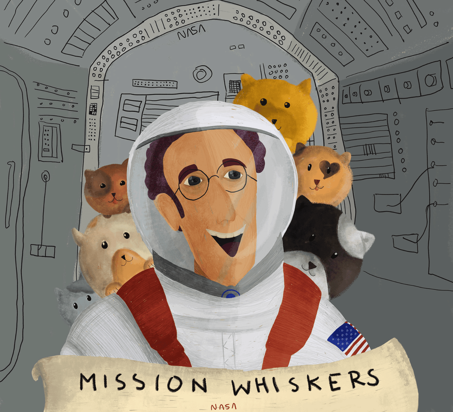 Mission Whiskers illustration: a smiling astronaut in a NASA spacesuit surrounded by fluffy cats inside a spacecraft