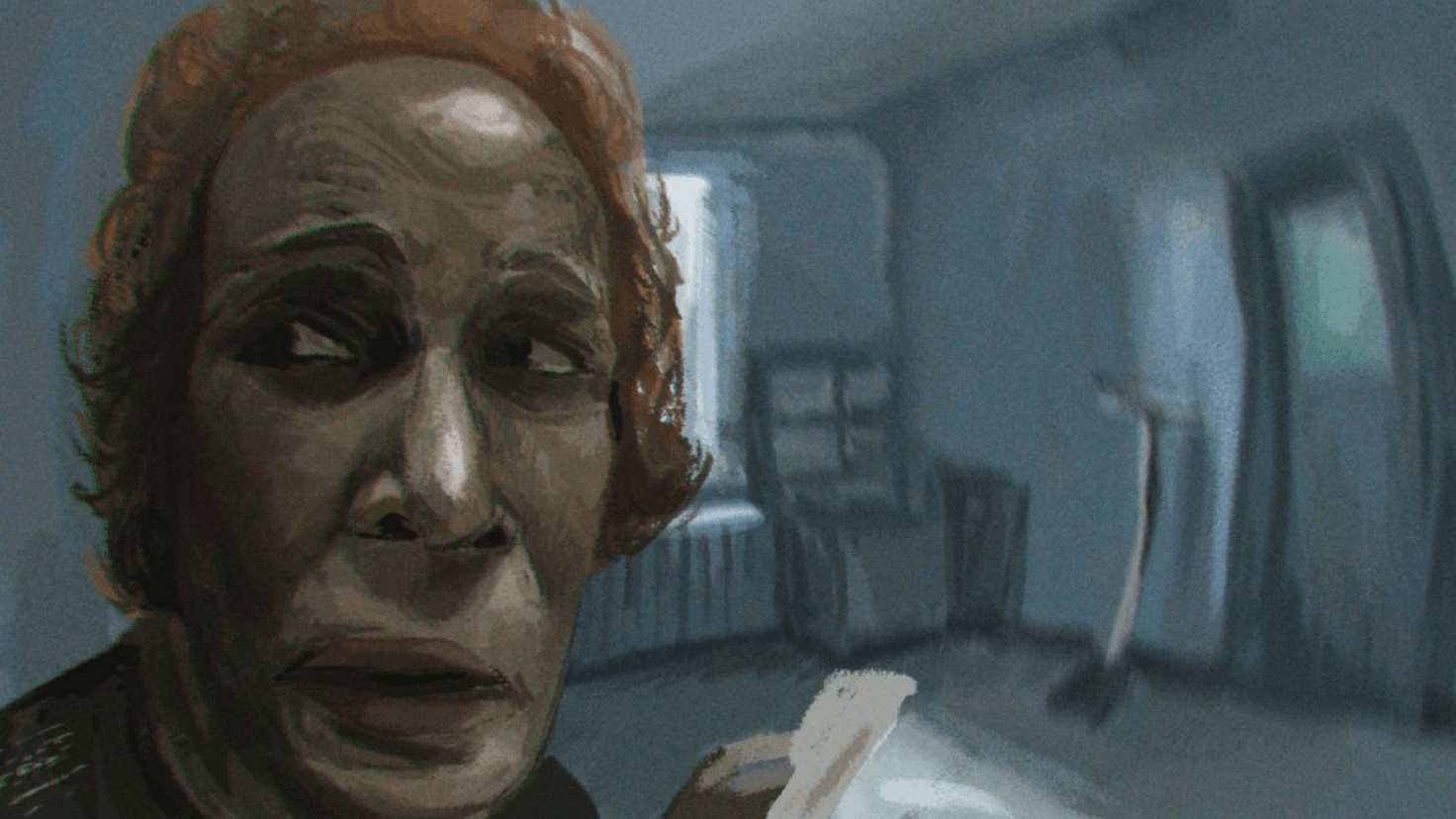 Digital painting study of an elderly woman with a startled expression in a dim blue room, in the style of a film still