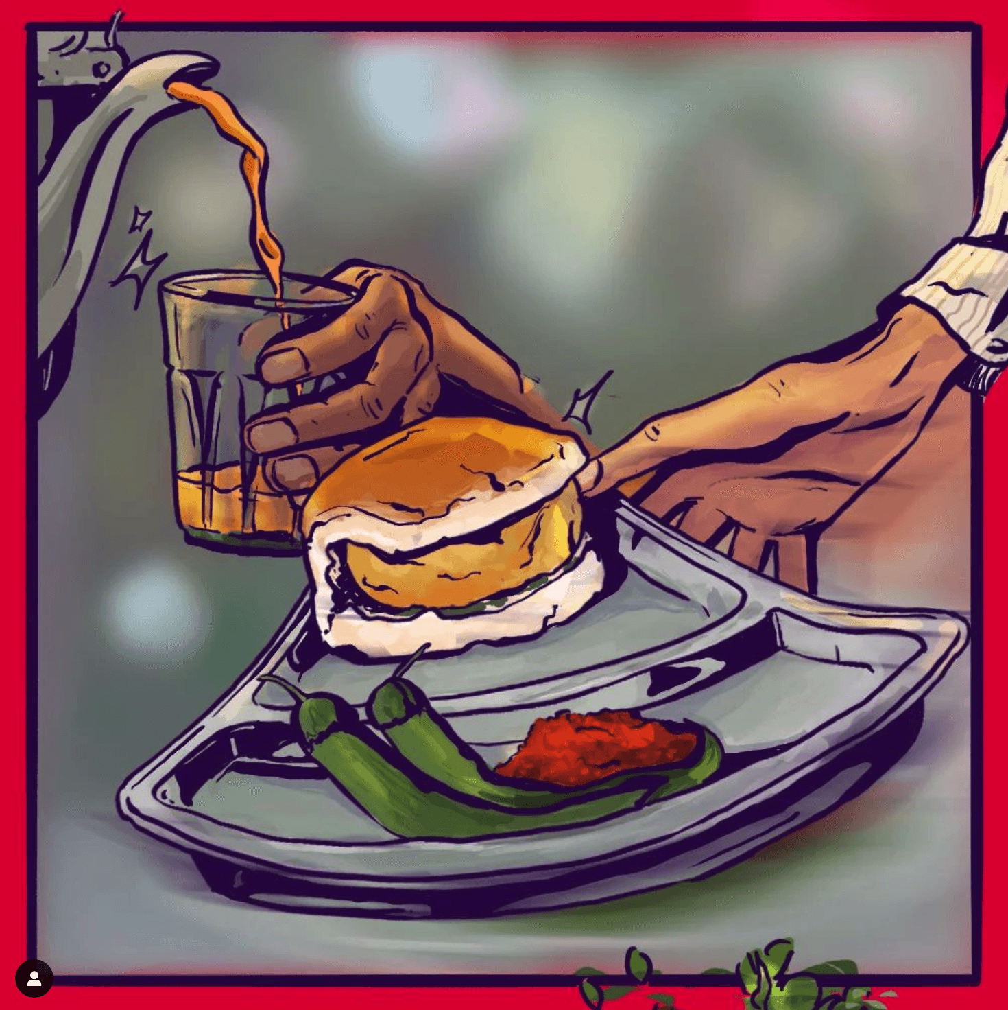 Illustration of Mumbai street food: hands pouring cutting chai beside a vada pav with fried green chillies on a steel plate