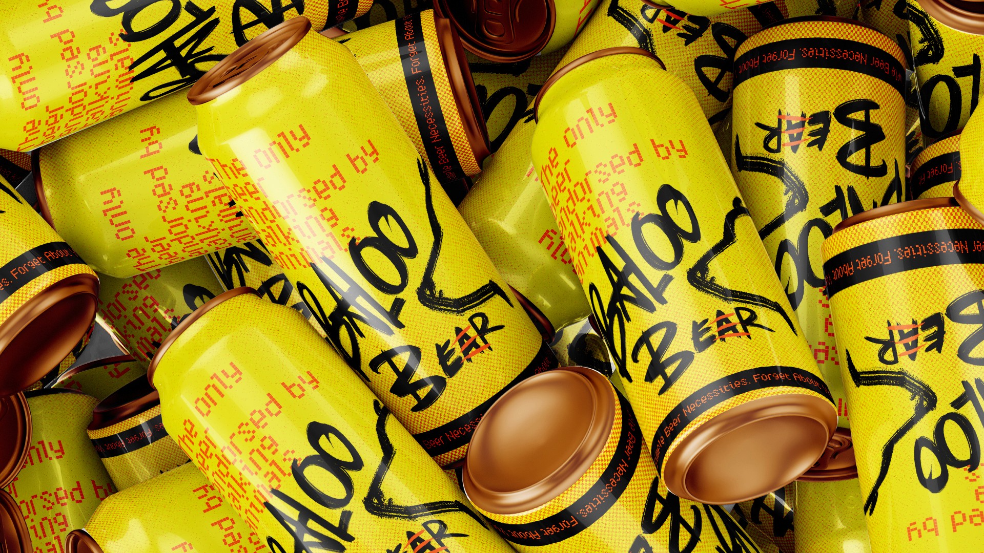 Packaging design for Aloo Bear: a pile of bright yellow cans with hand-lettered black typography