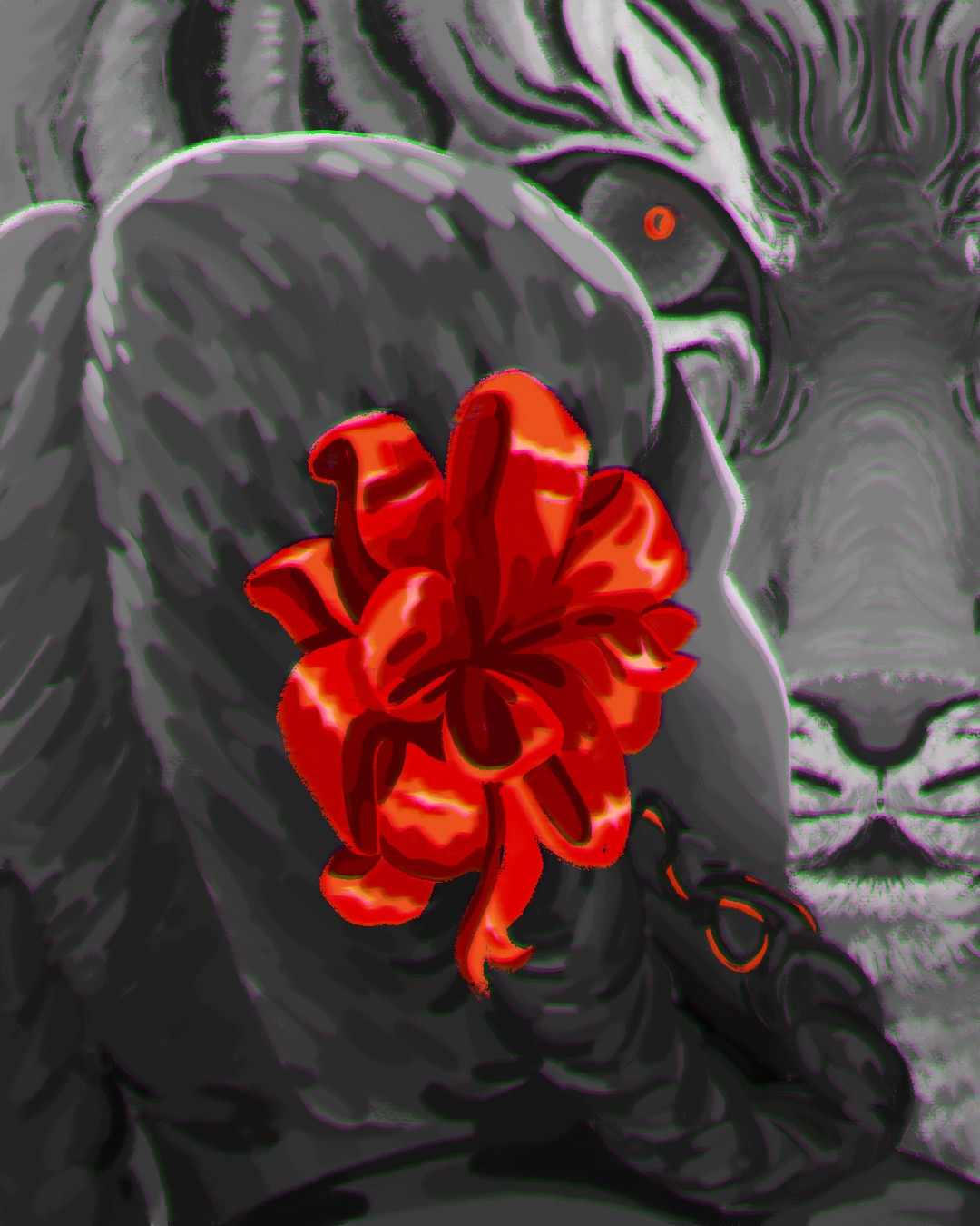 Digital illustration of a grey tiger wearing a glossy red gift bow