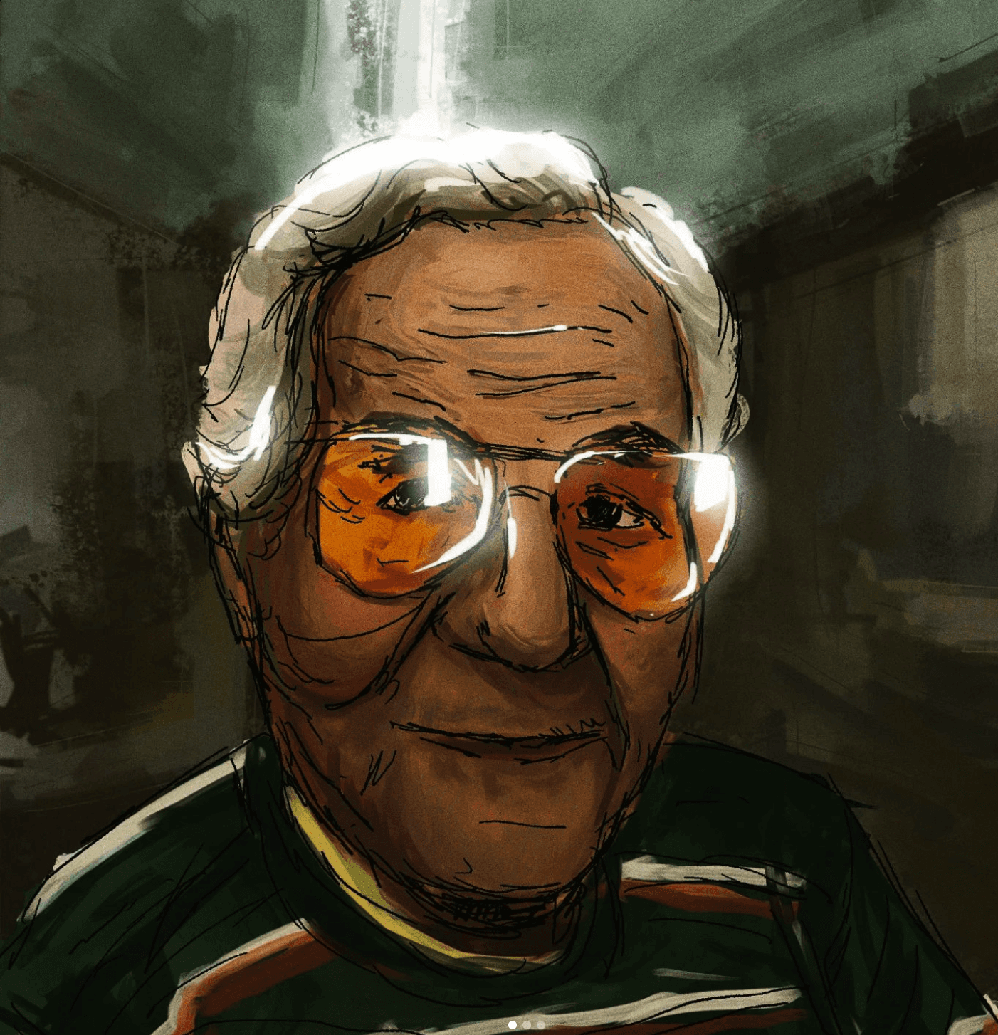 Digital portrait painting of an elderly man with white hair and tinted glasses, lit from above