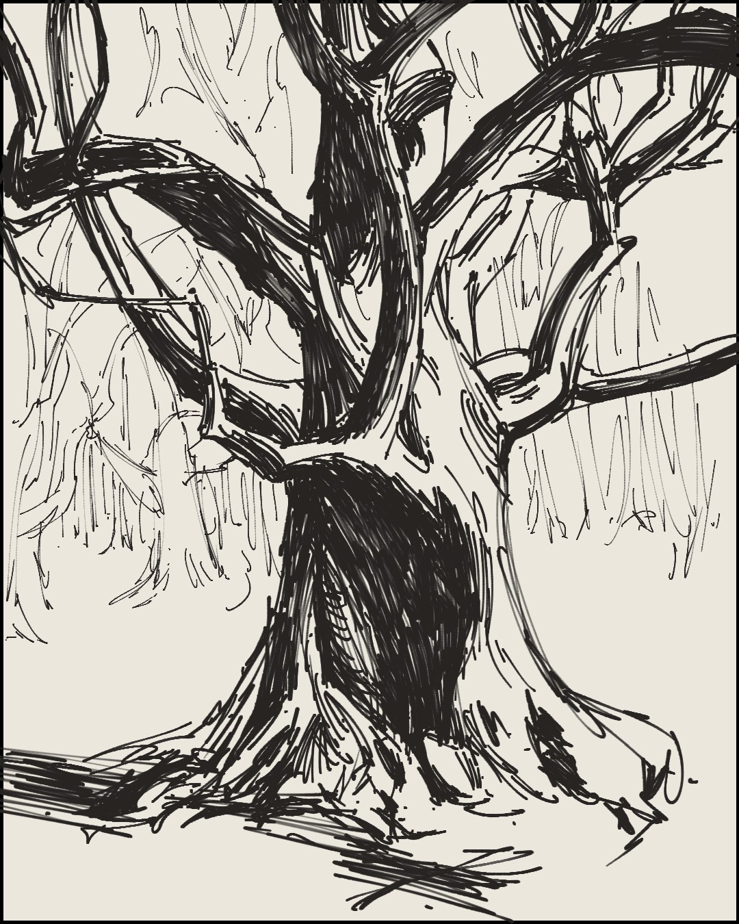 Black ink sketch of a gnarled old tree with a thick twisted trunk