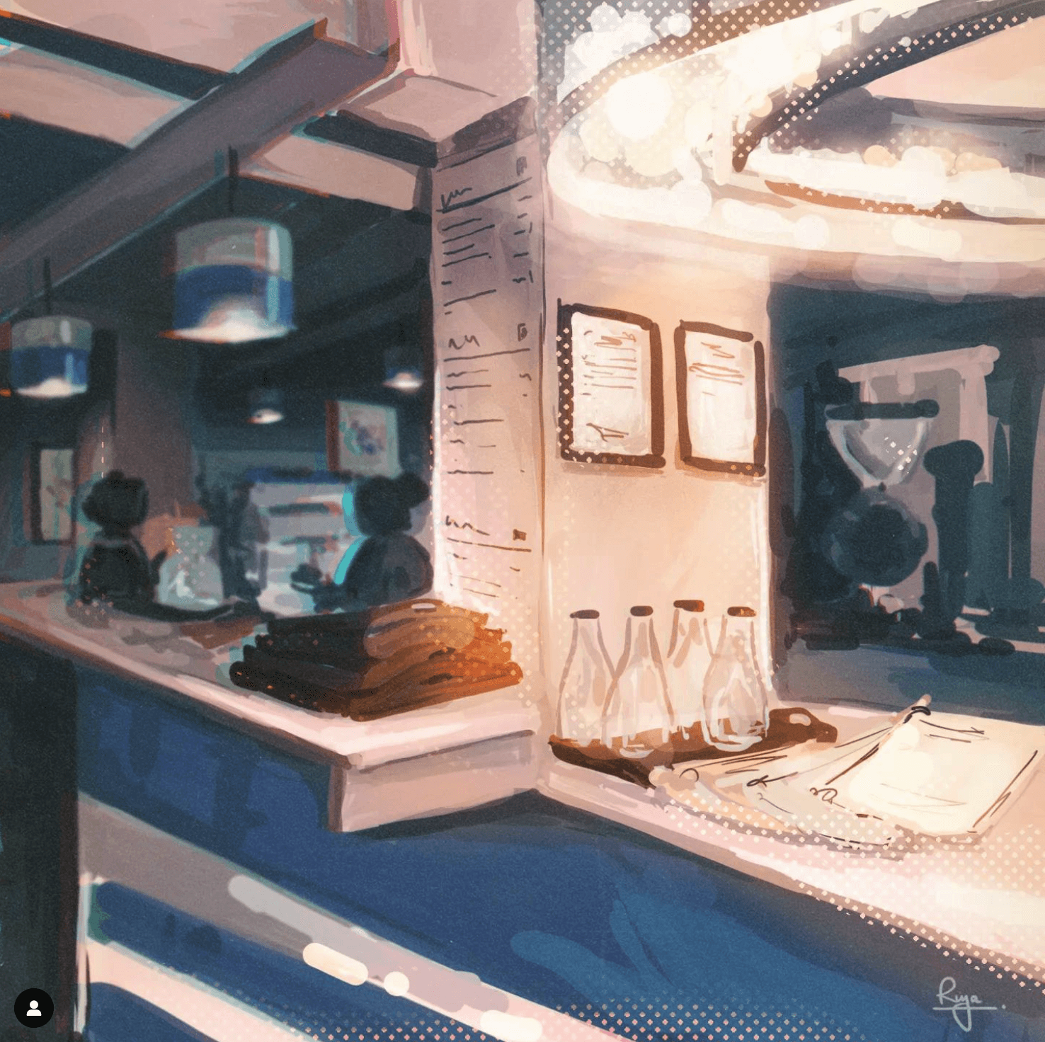 Digital painting of a café counter with glass bottles and warm light, in blues and peach tones