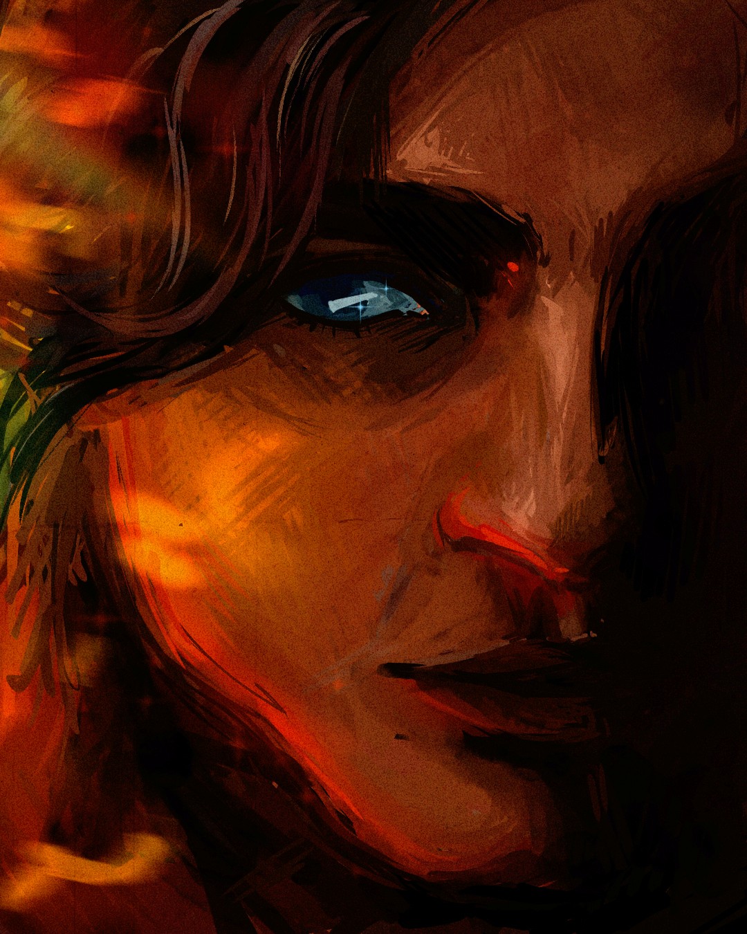 Close-up digital painting of a woman's face with a piercing blue eye, in fiery orange and red brushstrokes
