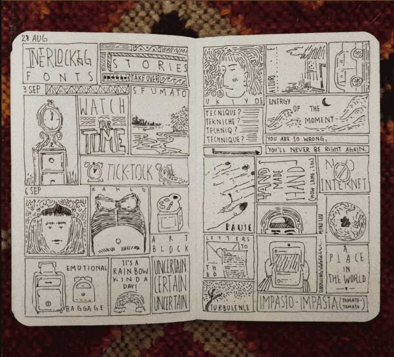 Sketchbook spread of hand-lettering and tiny comic panels with words like Watch the Time, Ticktock and No Internet