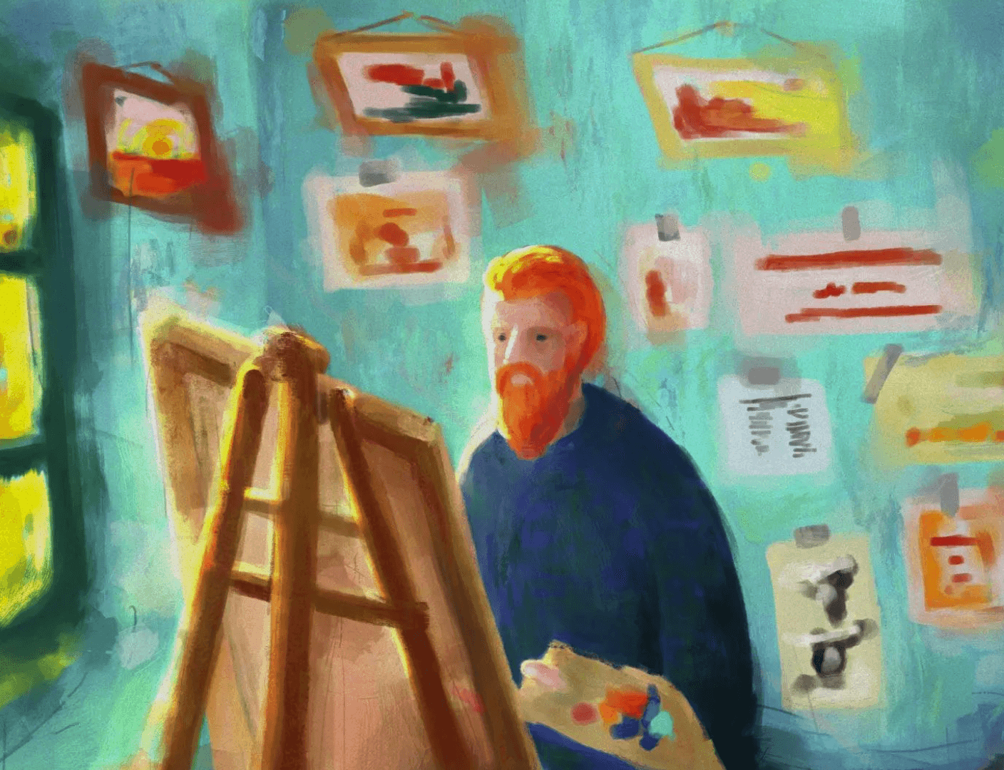 Digital painting of Vincent van Gogh at his easel surrounded by pinned-up paintings in a turquoise studio