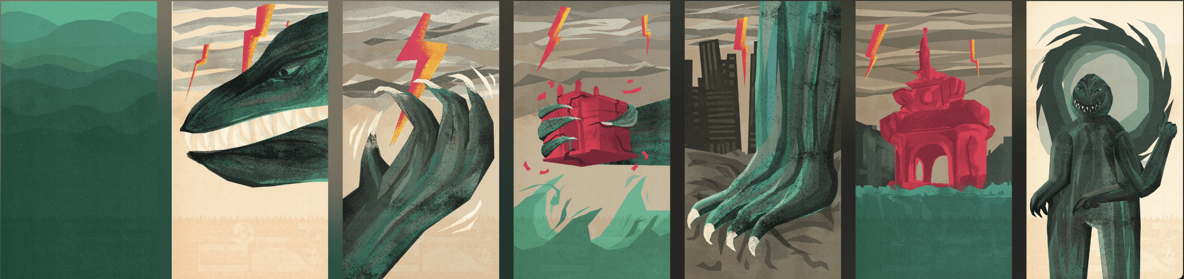 Panoramic strip of illustrated frames from the Gogola animation: the monster rises from the sea and stomps through Bombay