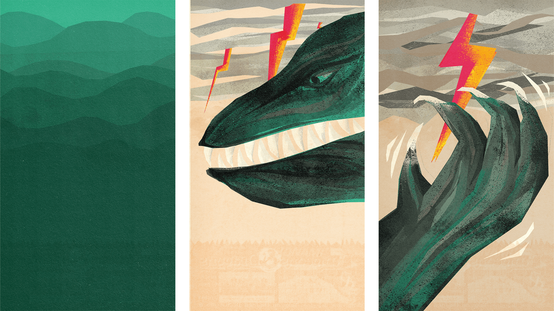 Animation frames of Gogola rising from green waves, baring its teeth and clawing at the lightning