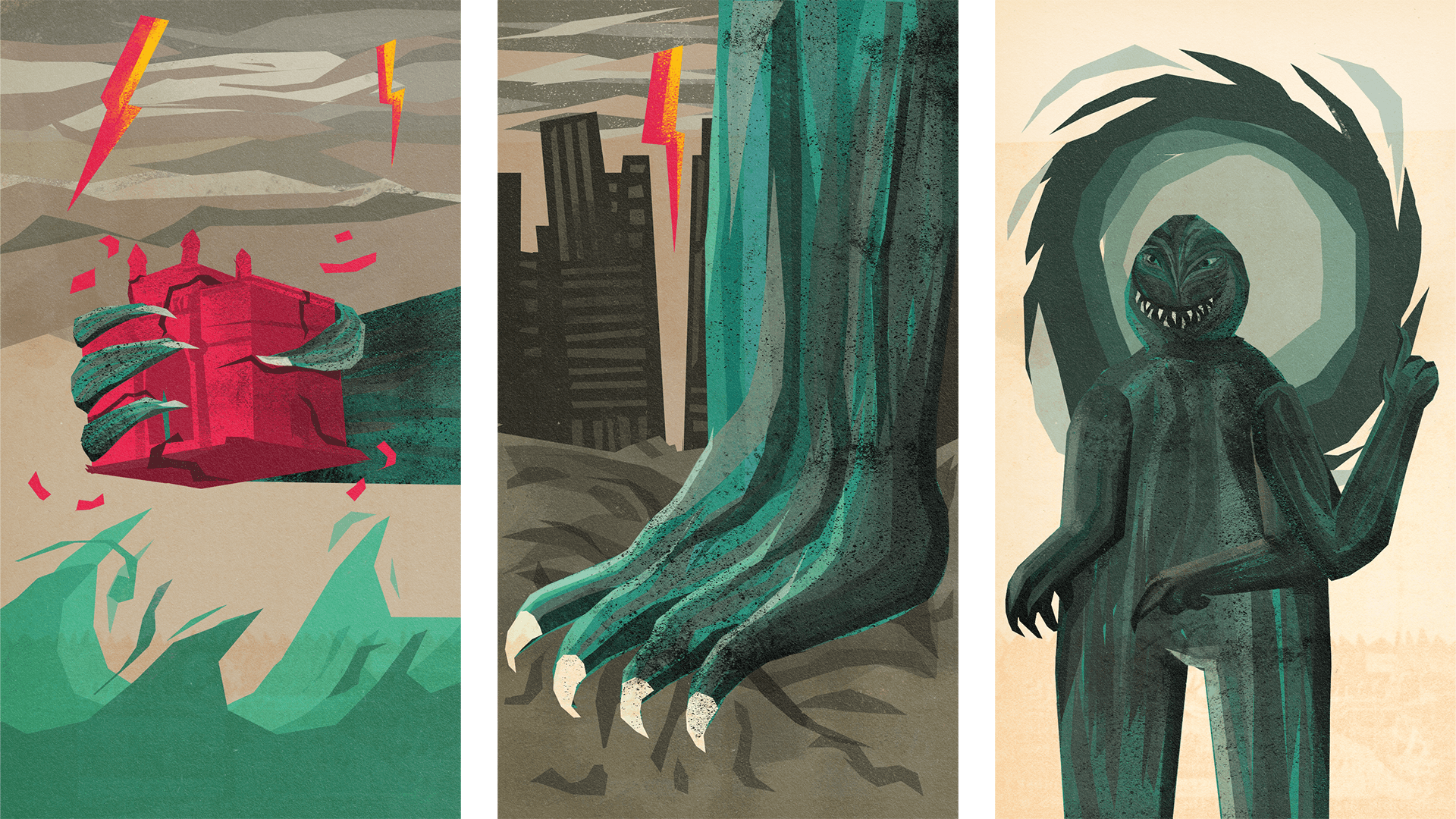 Animation frames of Gogola lifting the Gateway of India, its clawed foot crushing the city, and its silhouette in a whirlpool