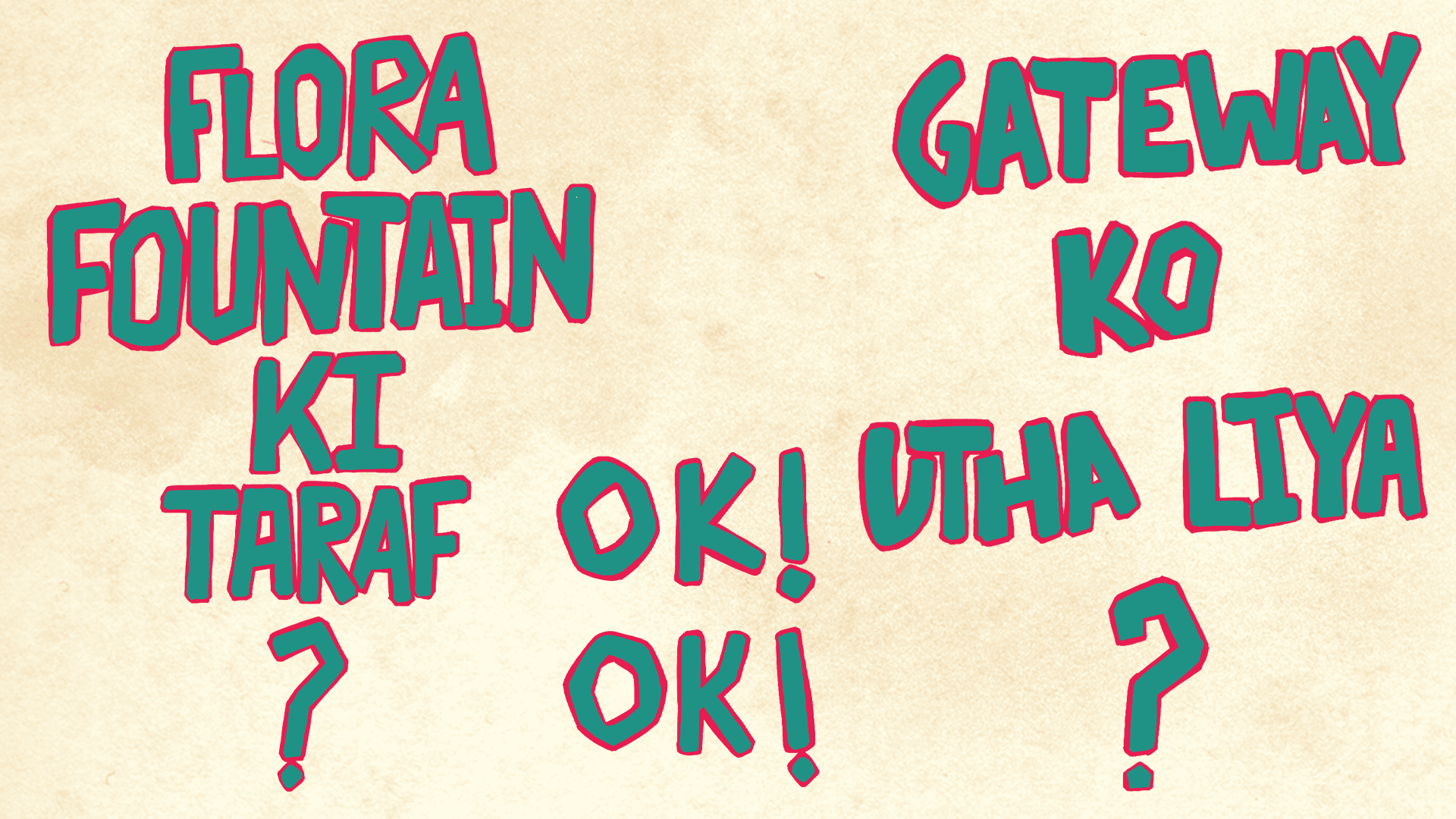 Hand-lettered typography from the Gogola animation: Flora Fountain ki taraf? OK! OK! Gateway ko utha liya?