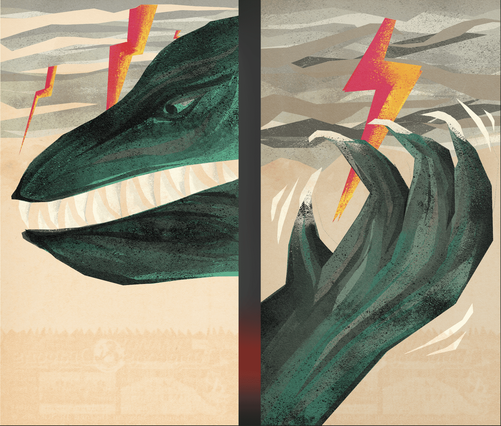 Illustration of Gogola, the green sea monster from India's lost kaiju film, roaring with lightning in a stormy sky