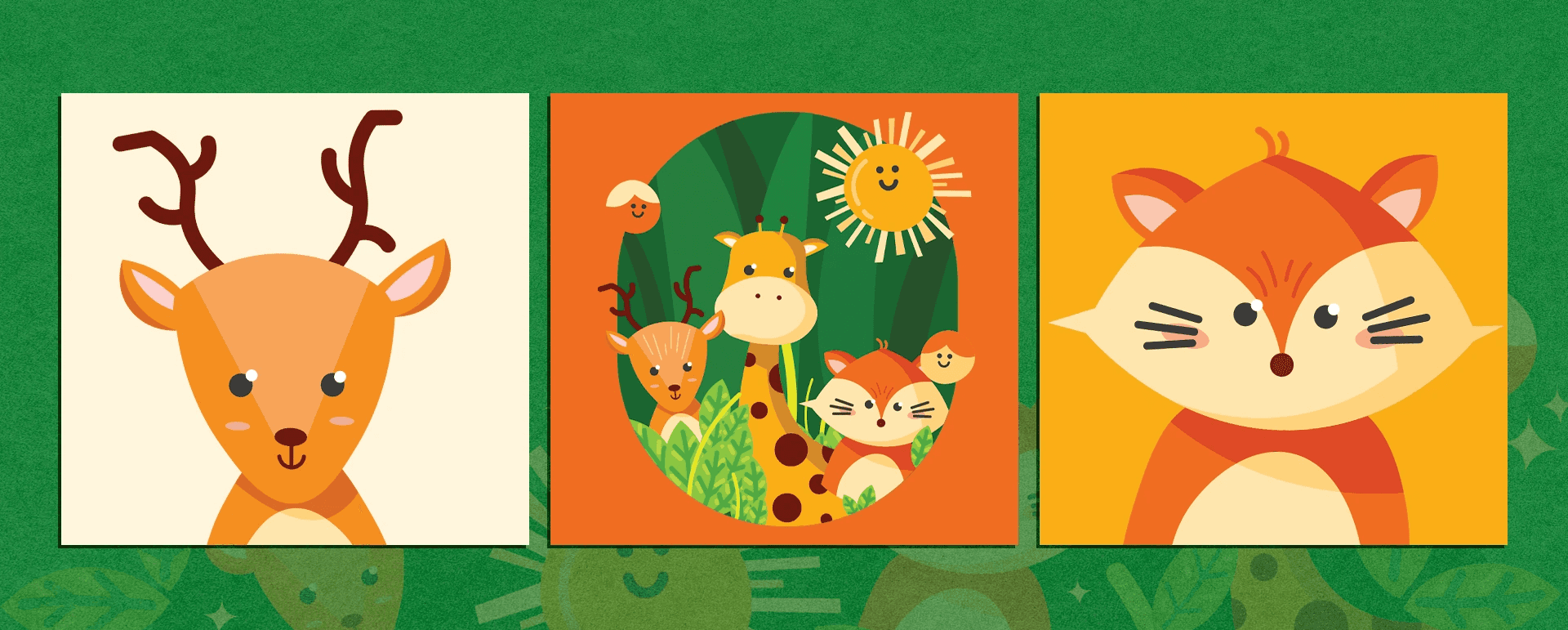 Growing Smiles pediatric dentistry brand illustrations: a cheerful deer, a giraffe and fox family, and a fox in orange and green