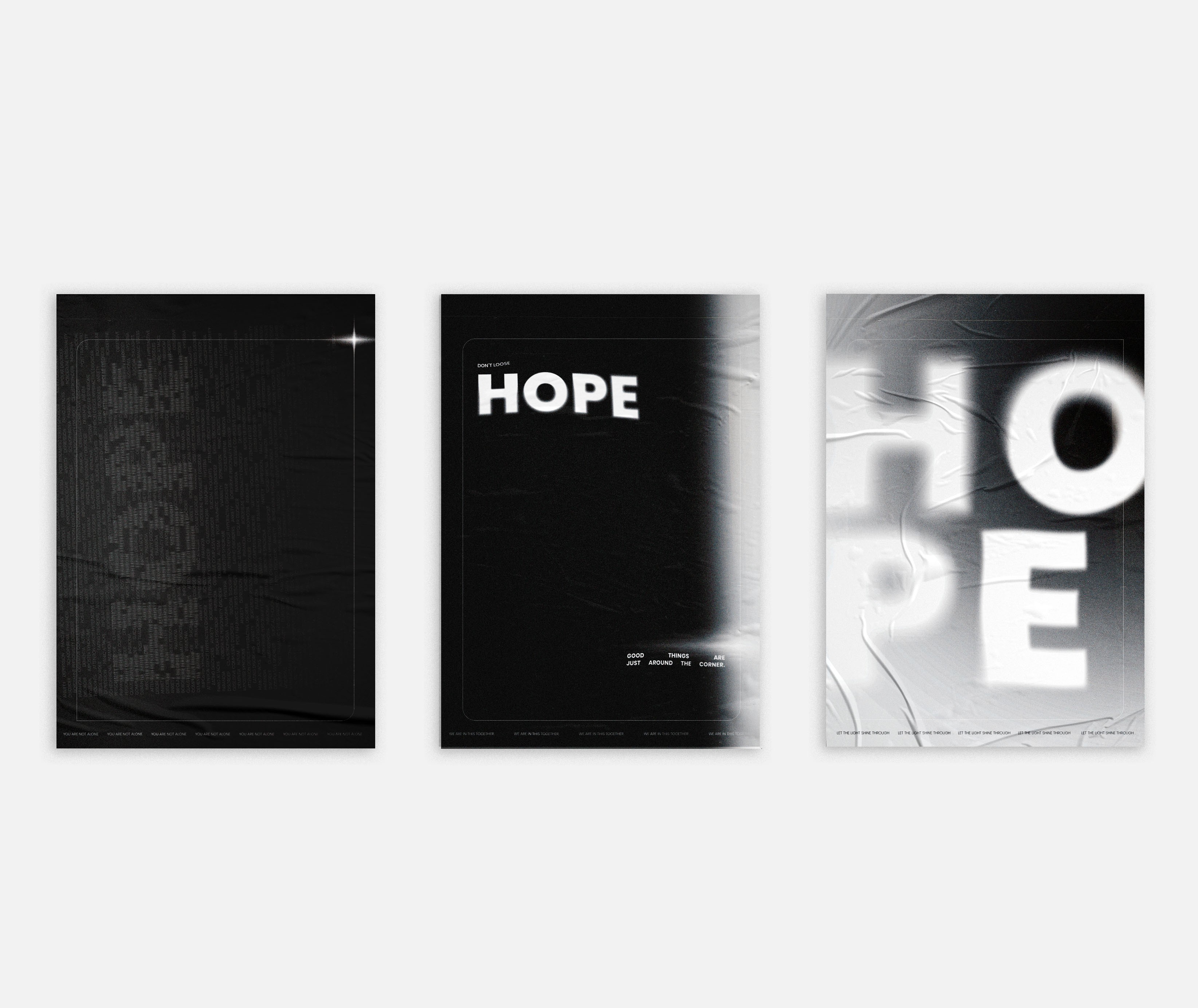 Hope poster series about mental health: three black and white typographic posters side by side