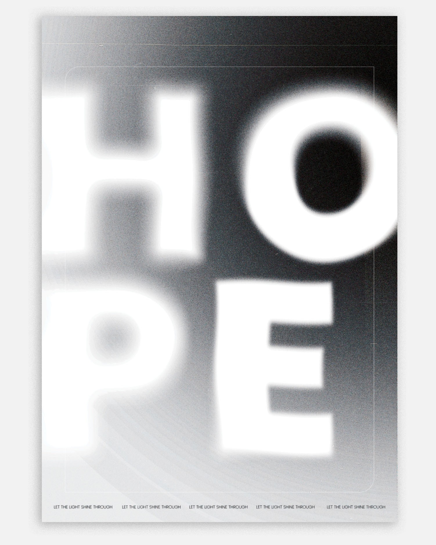 Third poster: giant blurred white HOPE letters glowing on grey