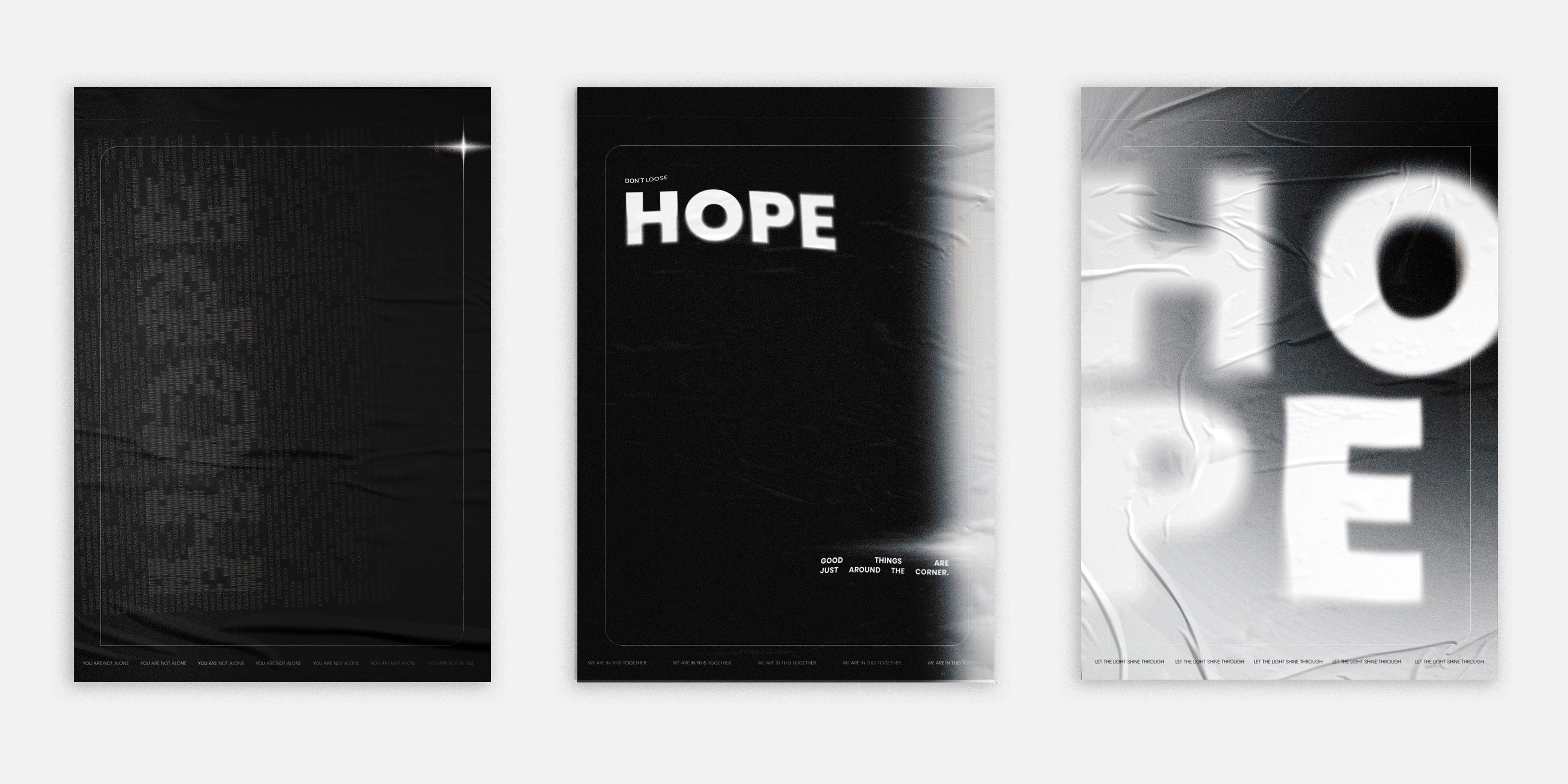 The three Hope typographic posters on mental health displayed together