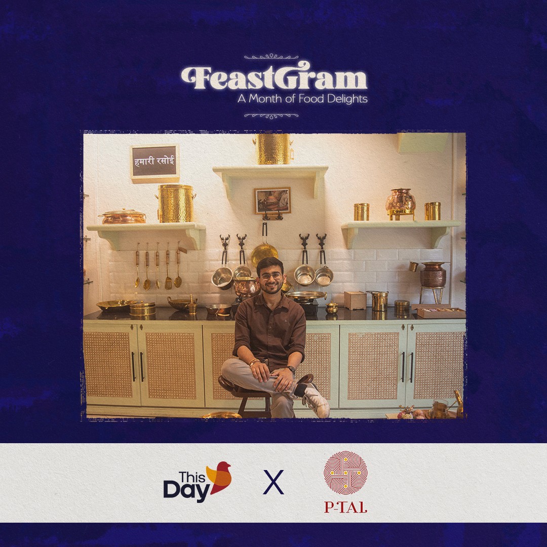 FeastGram cover thumbnail for ThisDay x P-Tal: the founder seated in front of shelves of traditional brass cookware