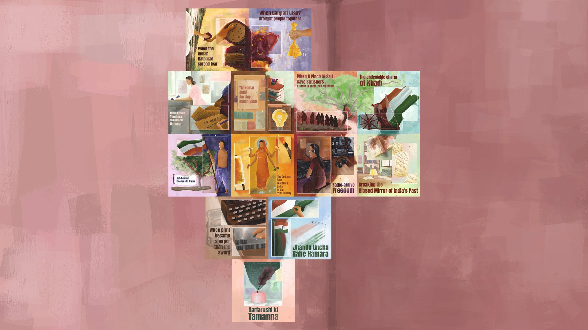 Illustration collage shaped like India for Jab Badhe Kadam Azadi Ki Oor, about the instruments of India's freedom struggle