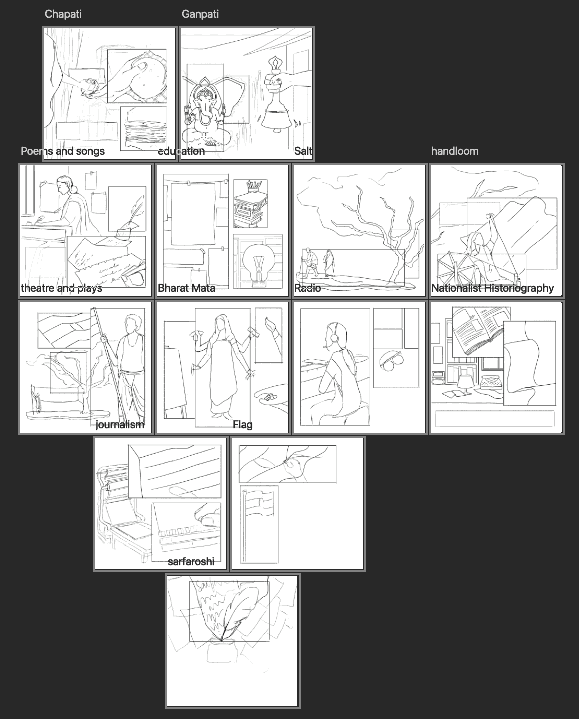 Pencil ideation sketches for the freedom struggle series: chapati movement, handloom, radio, the flag and Sarfaroshi