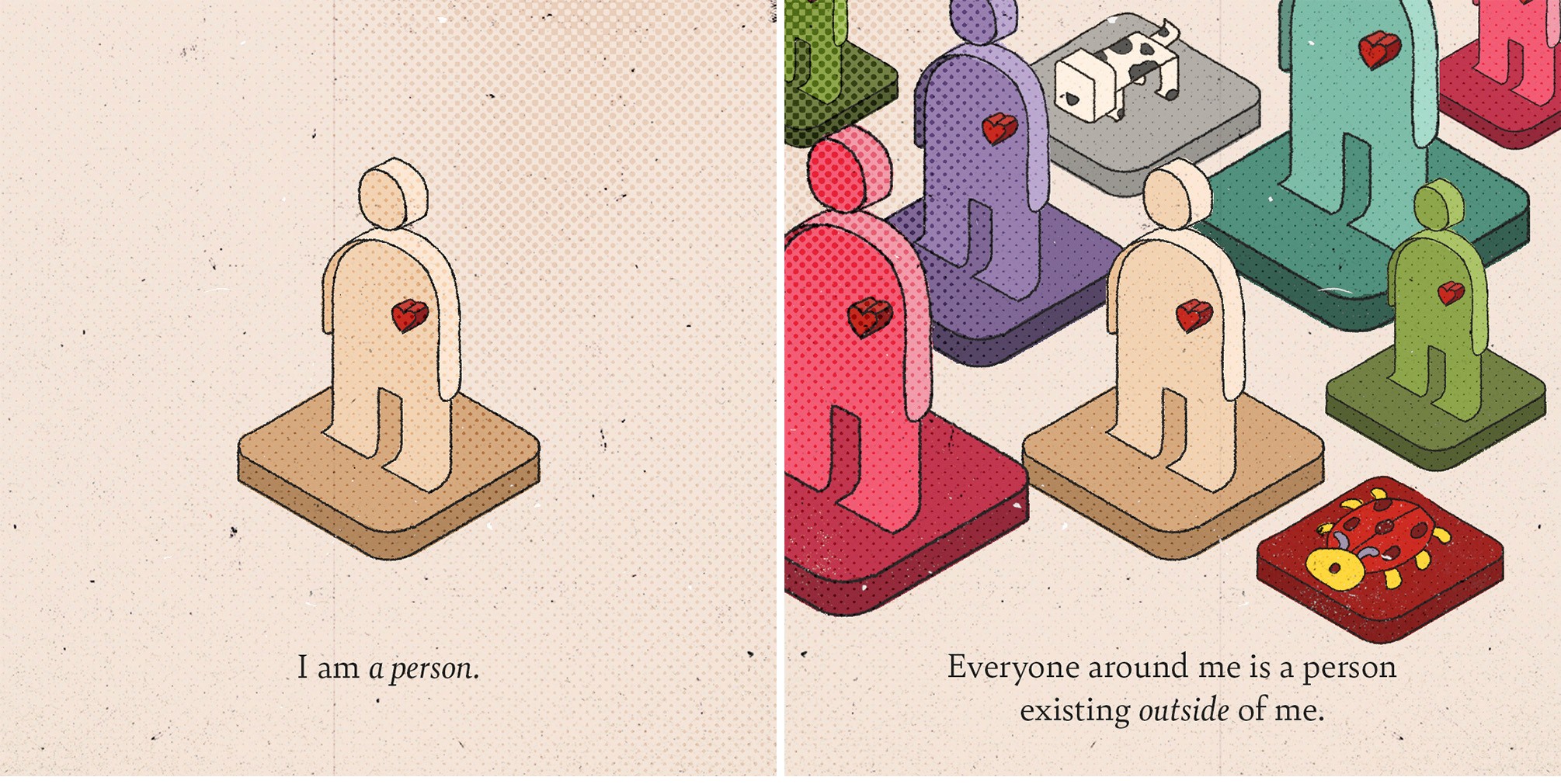 Comic panels: I am a person. Everyone around me is a person existing outside of me