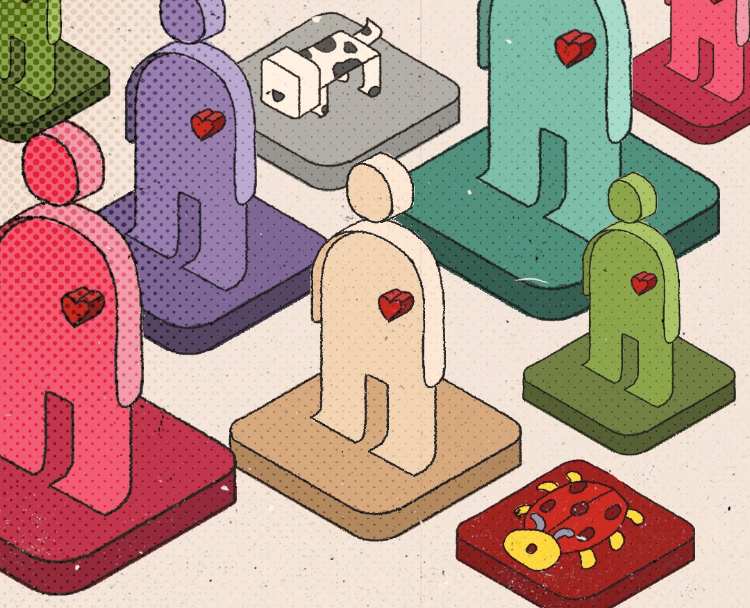 Illustration of colourful isometric human figures with red hearts standing on tiles, from the mini comic Inside/Outside