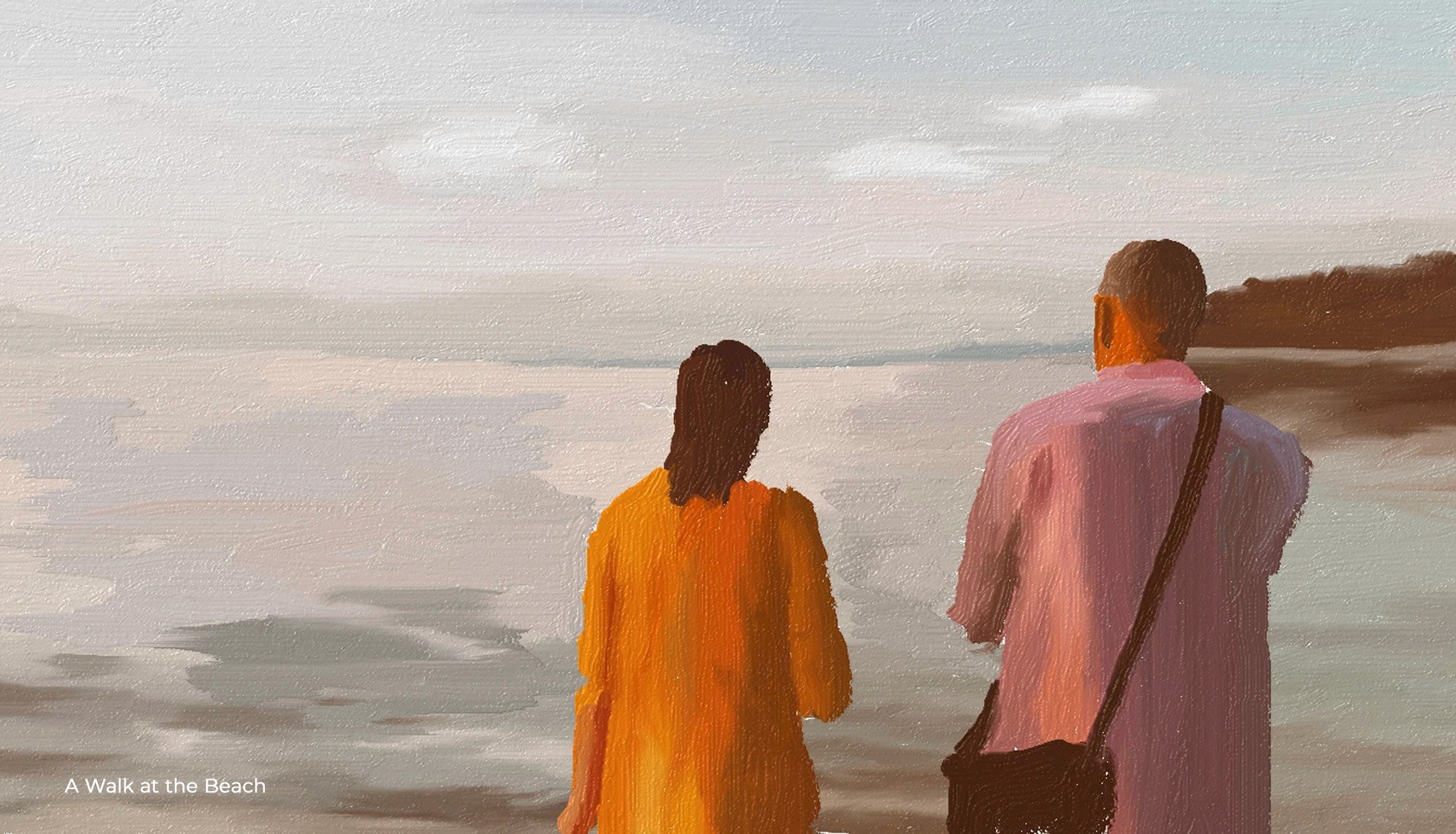 Fresh Paint study of two people walking on a misty beach at sunset