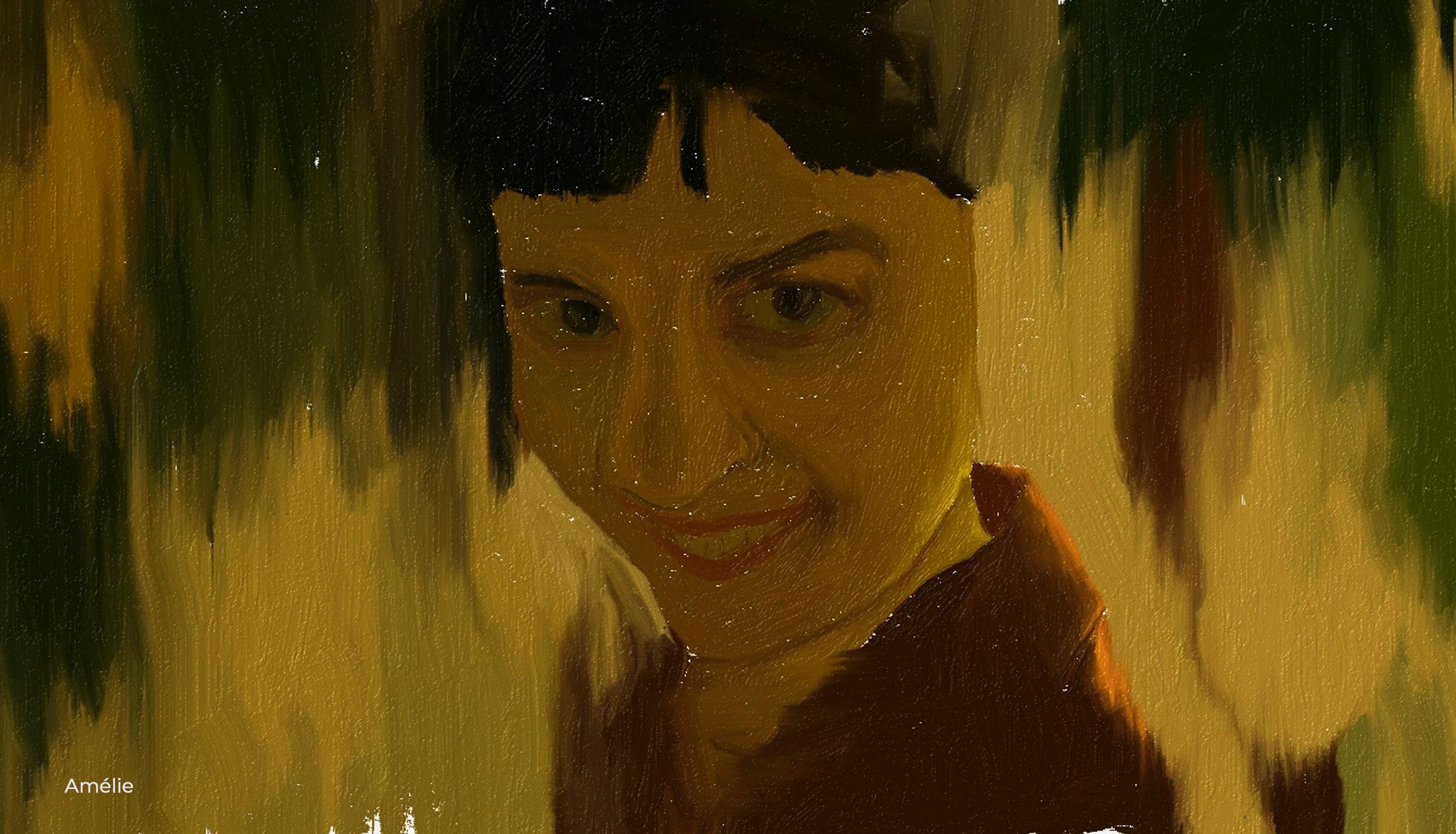 Fresh Paint study of Amélie smiling, in warm green and gold