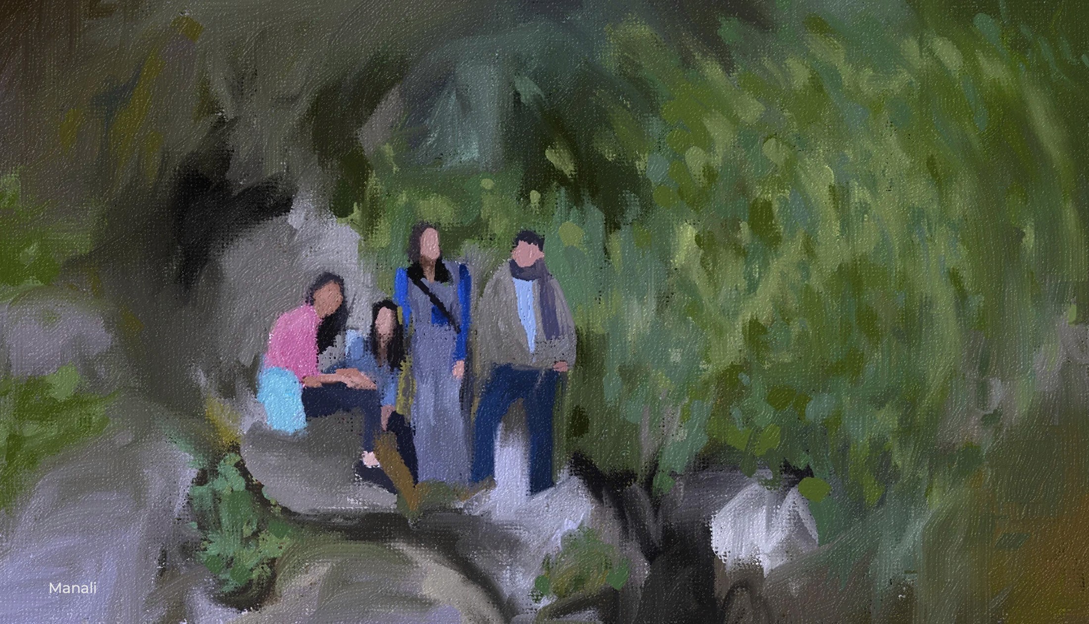 Fresh Paint study of a group of friends sitting on rocks in a lush forest