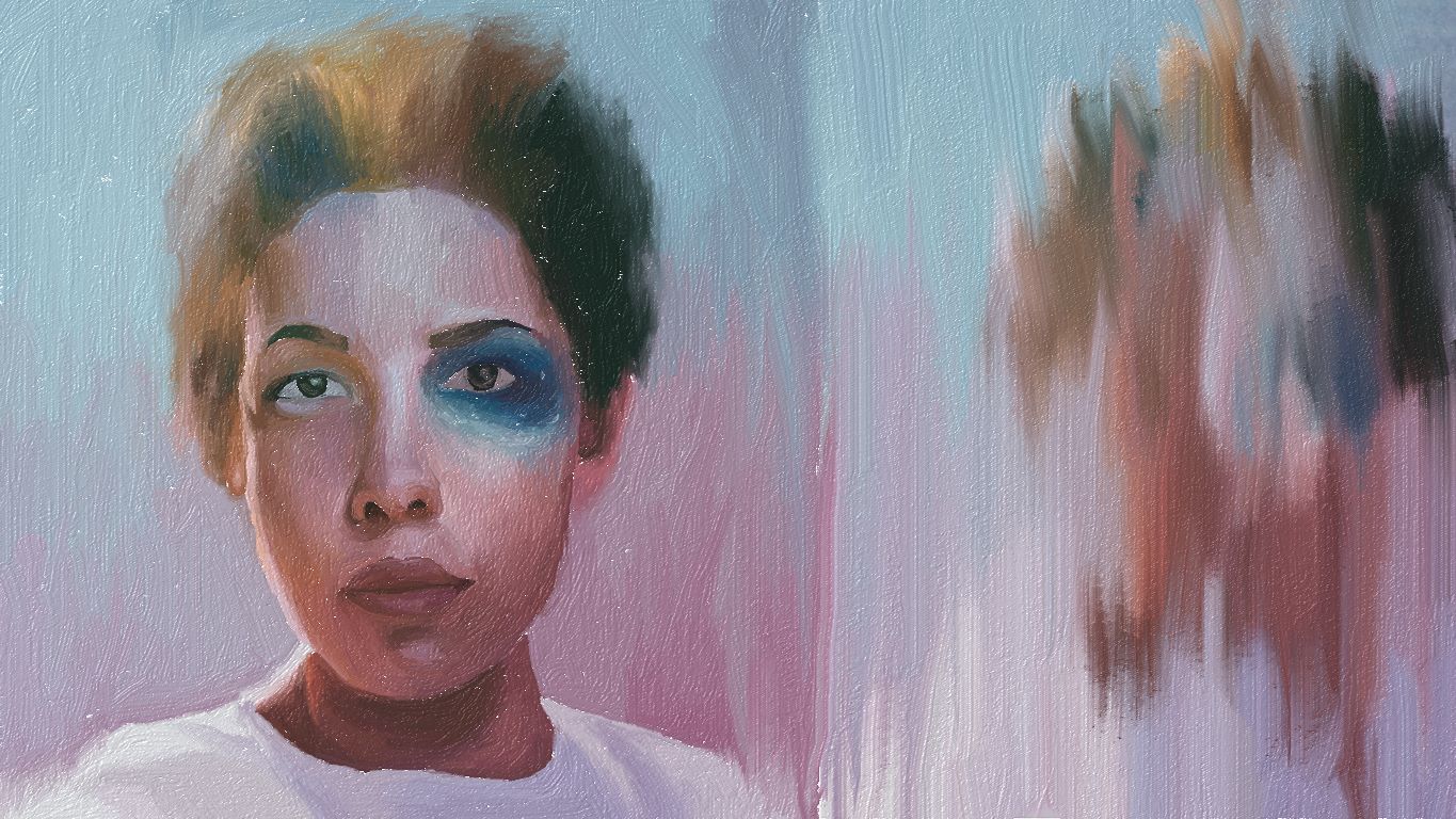 Digital painting study made in Microsoft Fresh Paint of a woman with blue eyeshadow and smeared brushstrokes