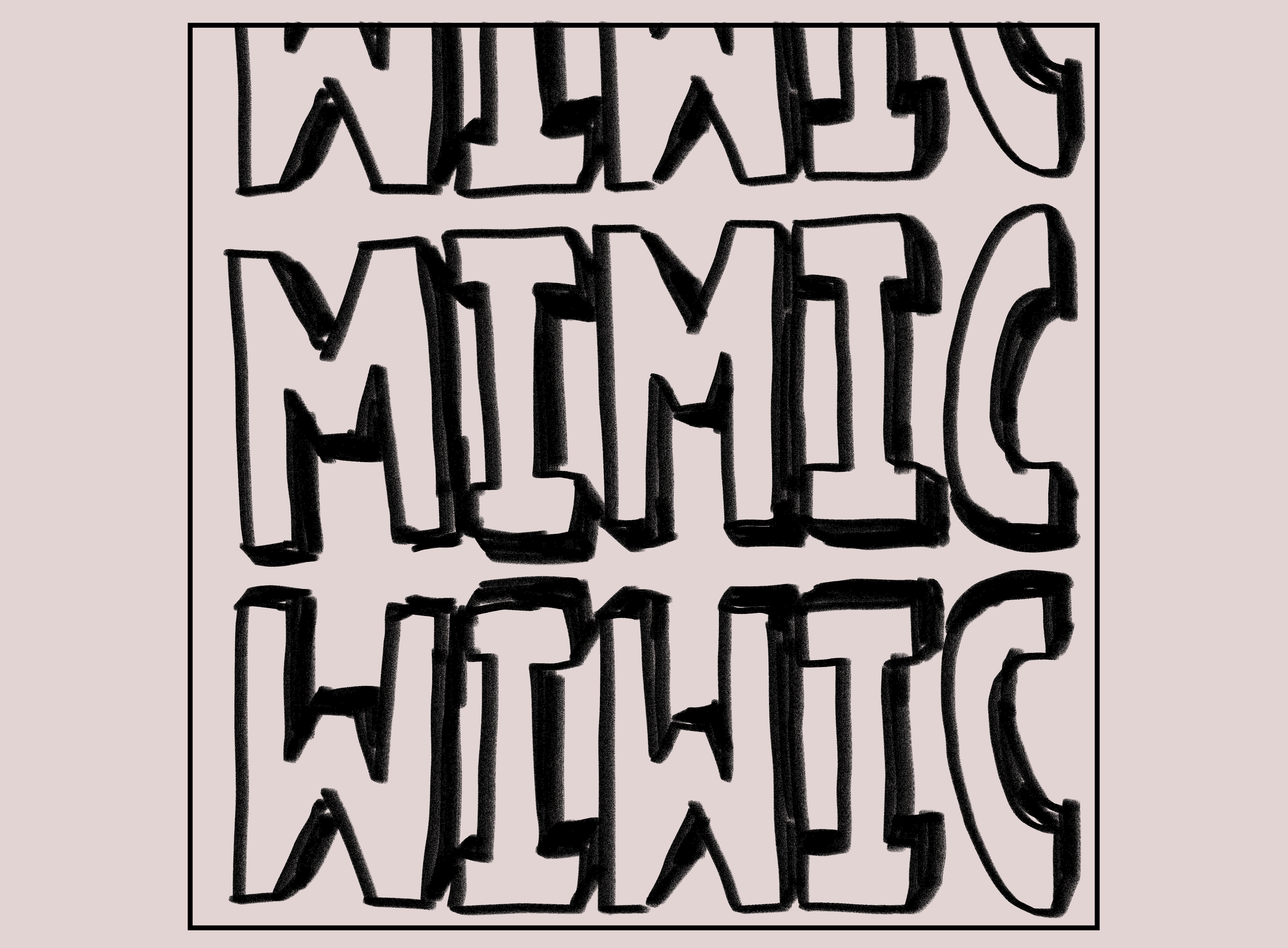 Hand-lettered title page of the comic Mimic, with the word repeated in thick black outline letters on dusty pink