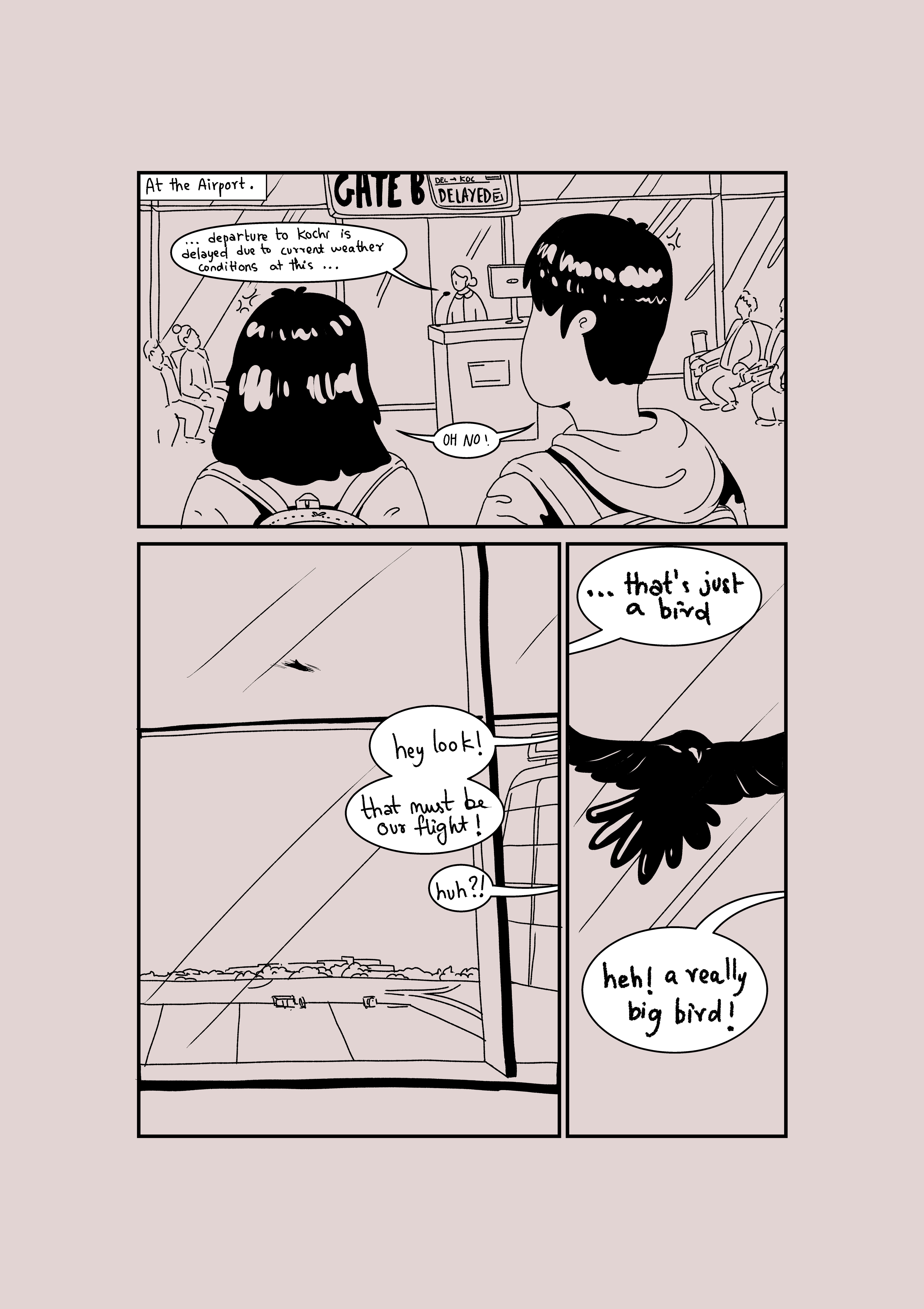 Comic page: travellers at a delayed flight gate to Kochi mistake a big bird for their plane
