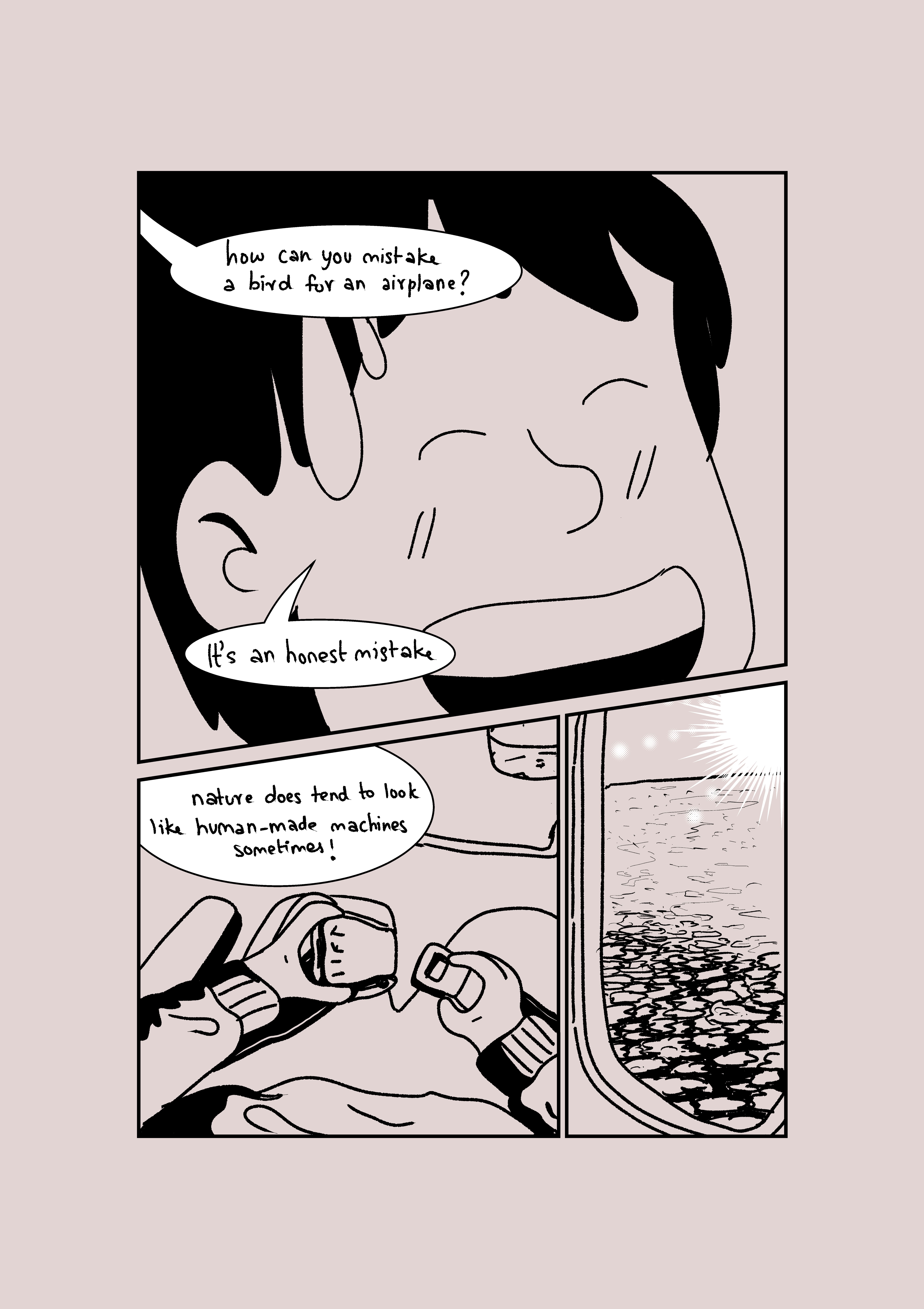 Comic page: a laughing traveller says it's an honest mistake, nature tends to look like human-made machines