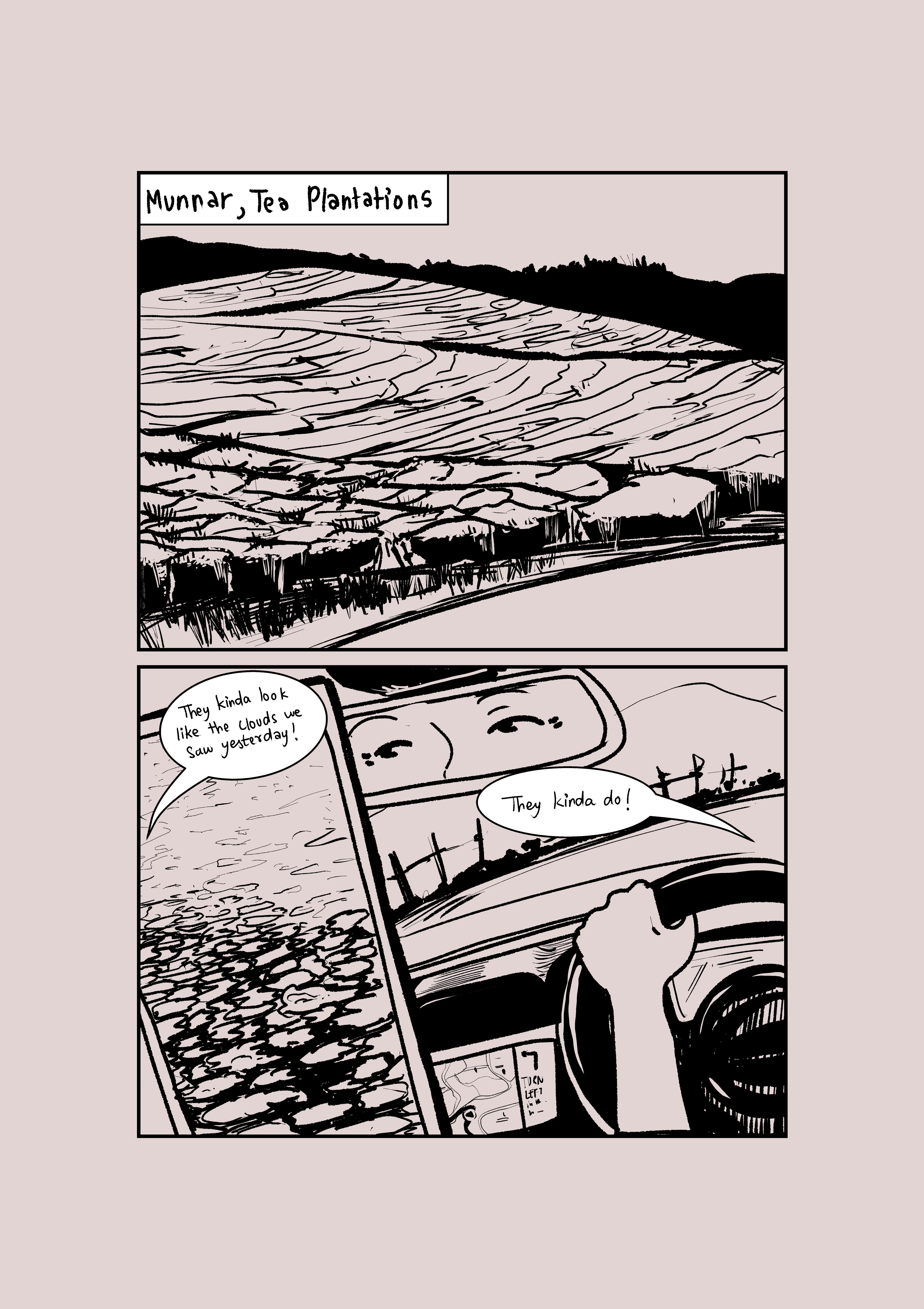 Comic page set in the tea plantations of Munnar, Kerala, seen from a car on a winding hill road