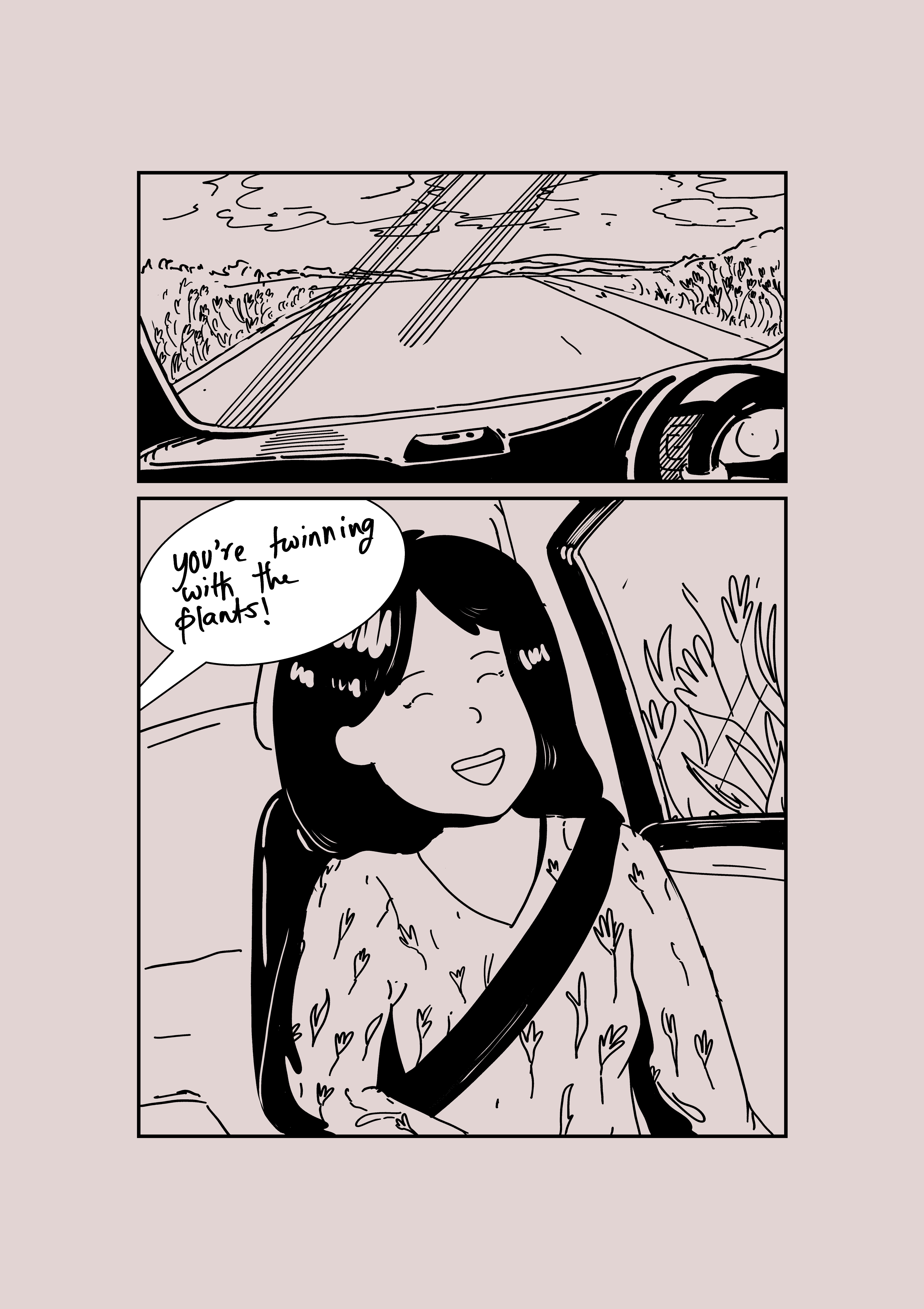 Comic page of a smiling girl in a leaf-print top in a car, told she's twinning with the plants