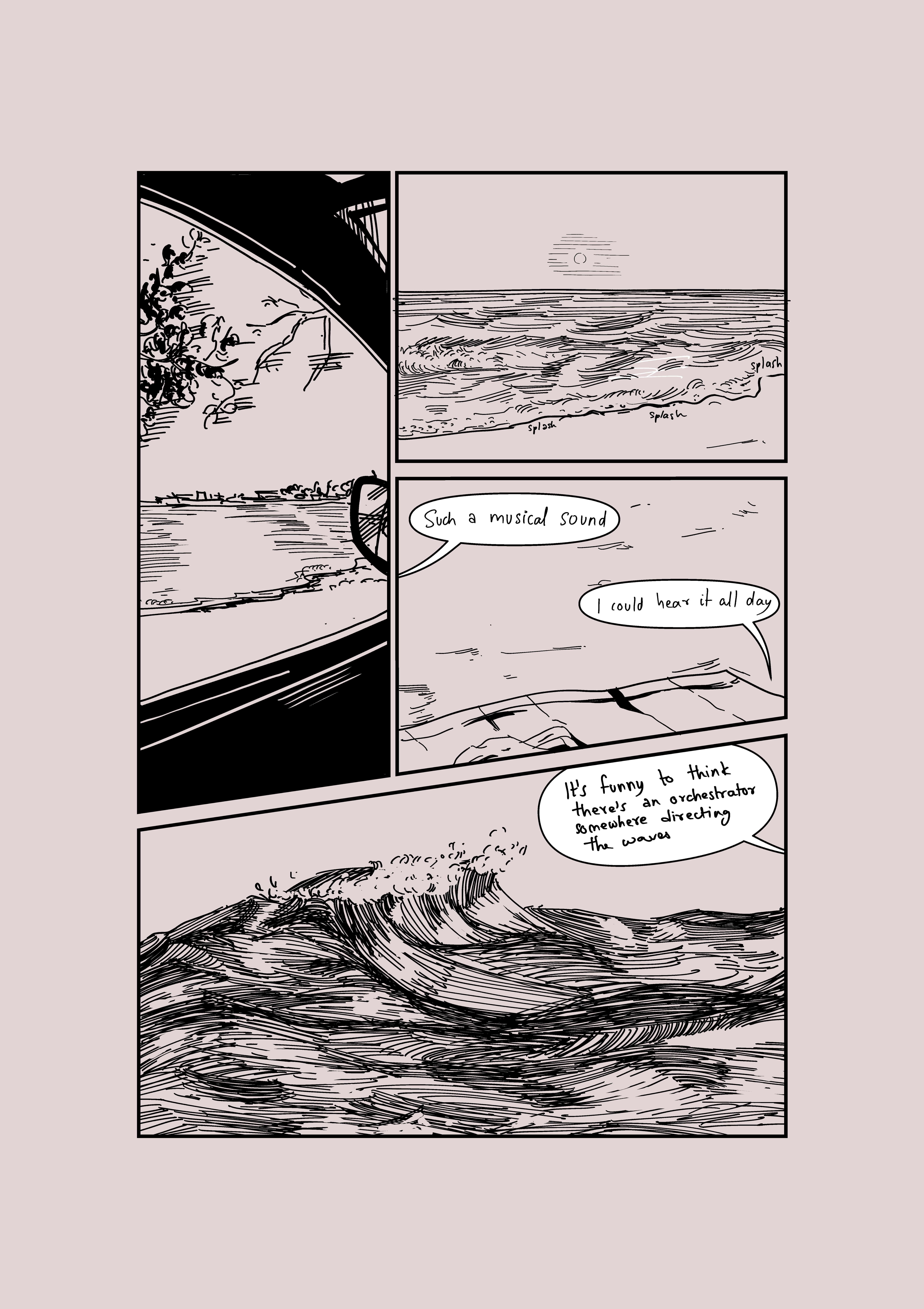 Comic page of Kerala's sea seen through a car window, waves likened to musical sound
