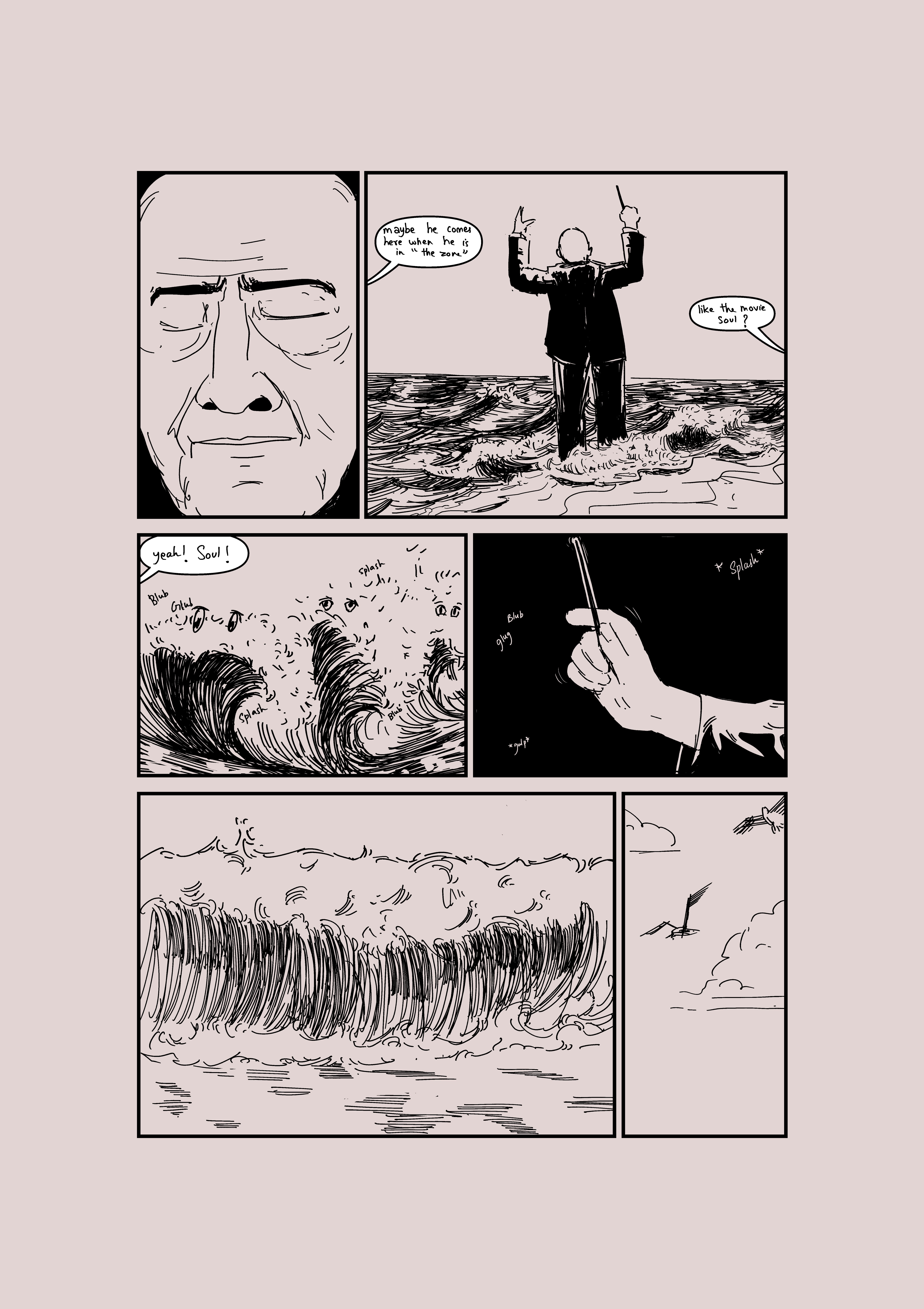 Comic page of a conductor directing the waves of the Arabian Sea while a man on the shore watches