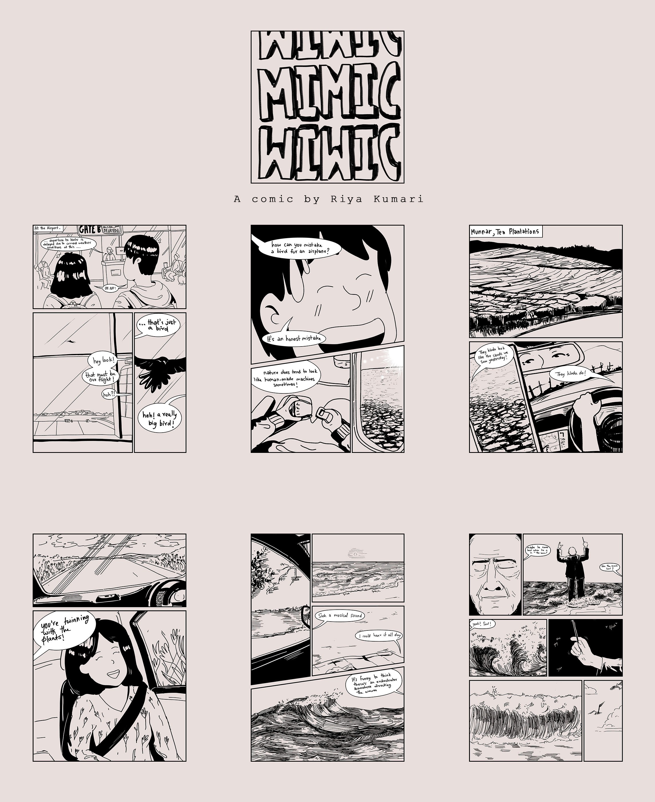 Overview of all the pages of Mimic, a black and white travel comic about Kerala by Riya Kumari
