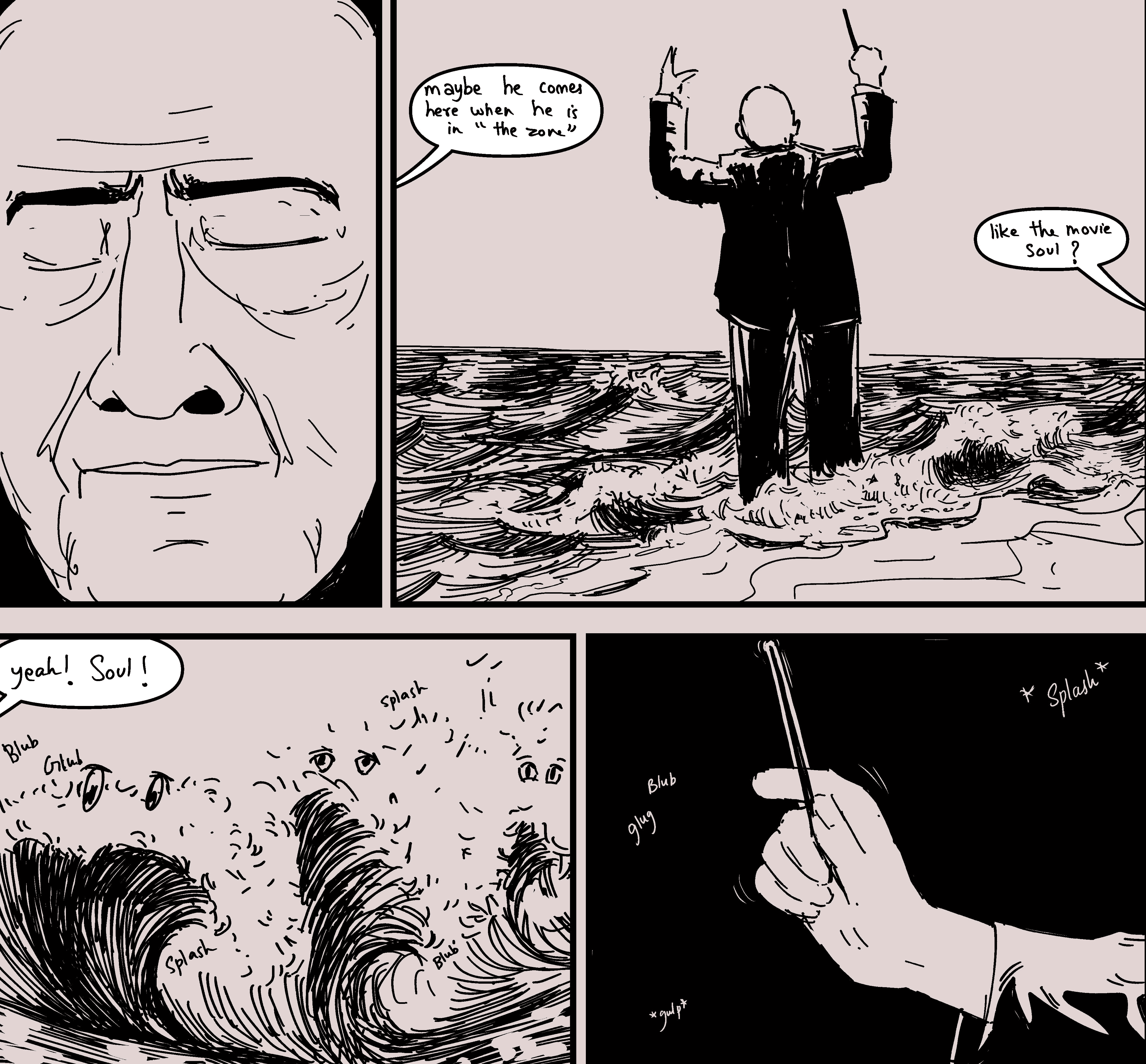 Black and white comic panels by Riya Kumari of a man conducting crashing ocean waves like an orchestra, from Mimic, a comic about Kerala