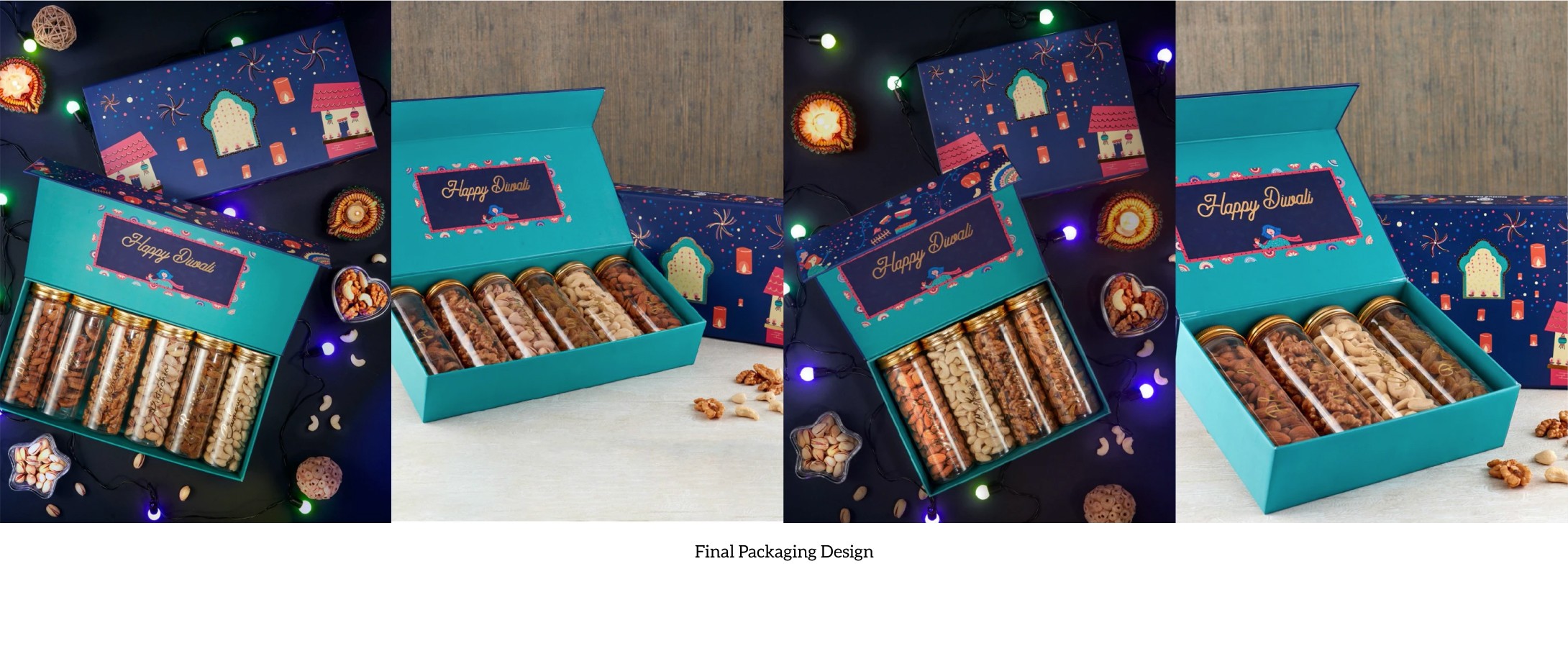 Final Native Picks Diwali gift box packaging shown open and closed with jars of dry fruits