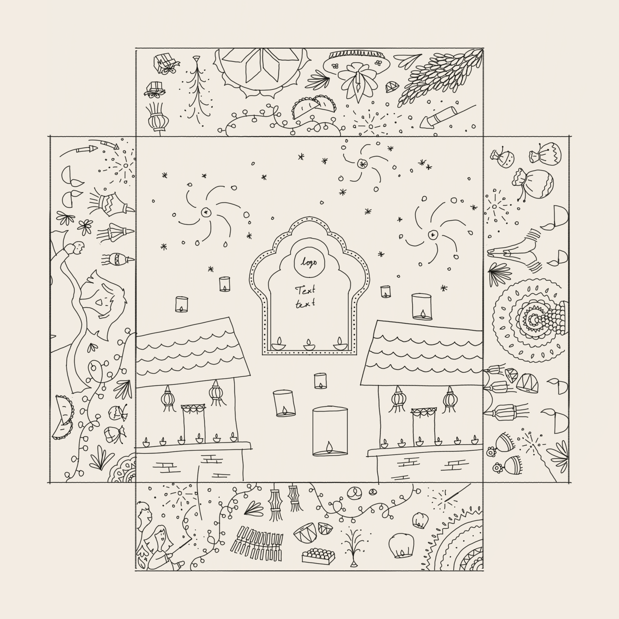 Line-drawing dieline for the Native Picks Diwali box with illustrated houses, lanterns and festive motifs