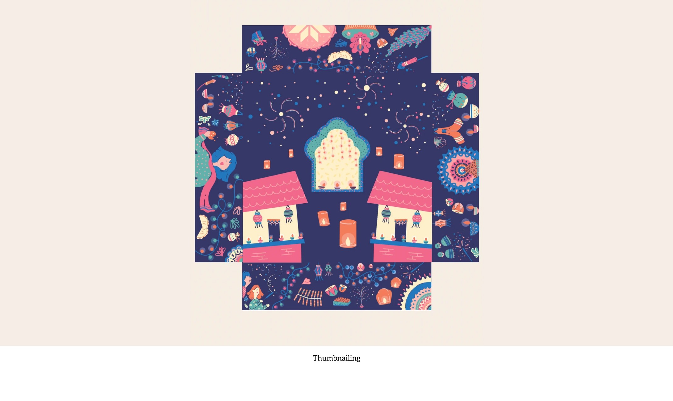 Flat artwork of the Native Picks Diwali box: pink and white houses with lanterns on a navy patterned night sky