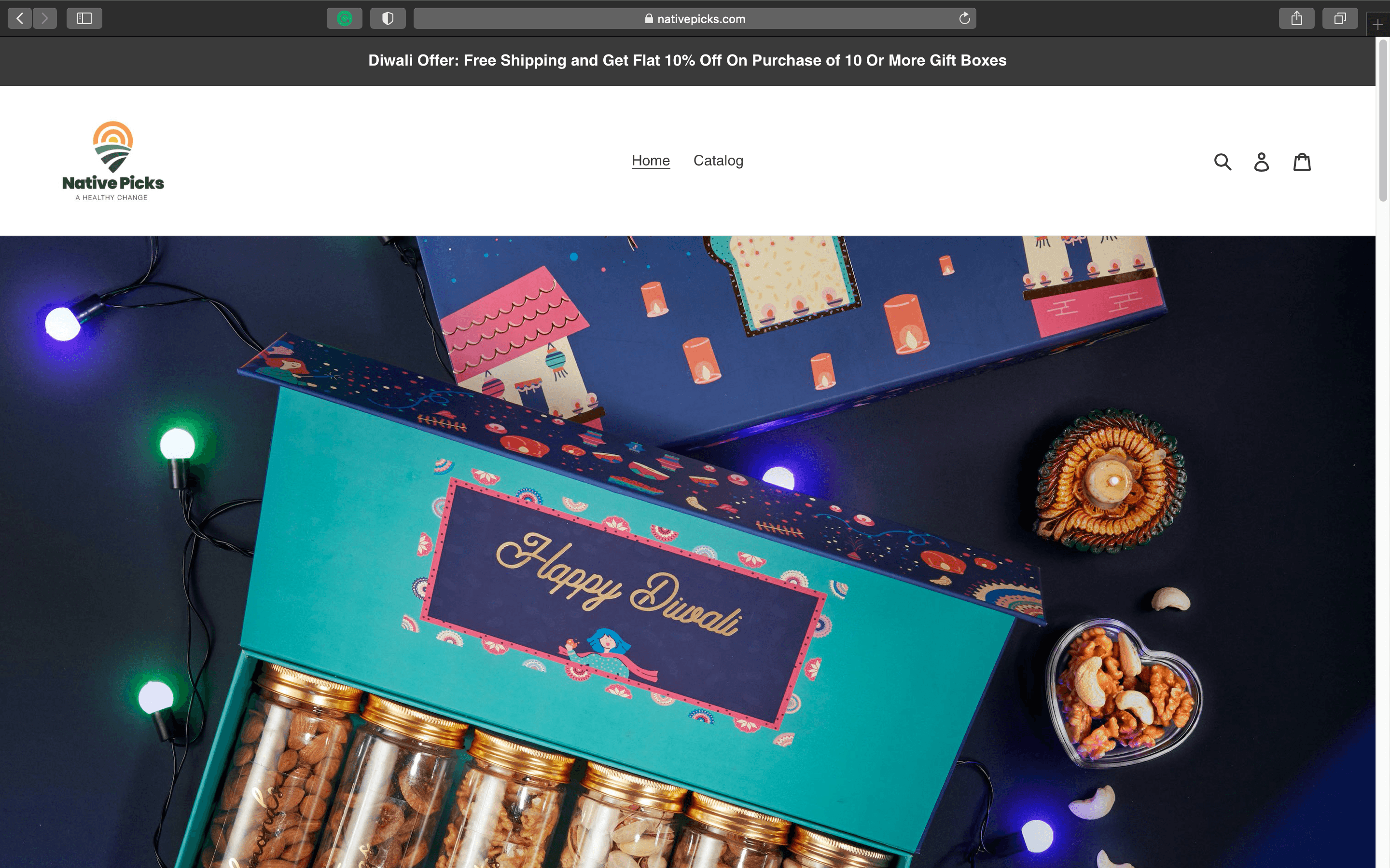 Native Picks website banner with the Happy Diwali gift box and jars of dry fruits