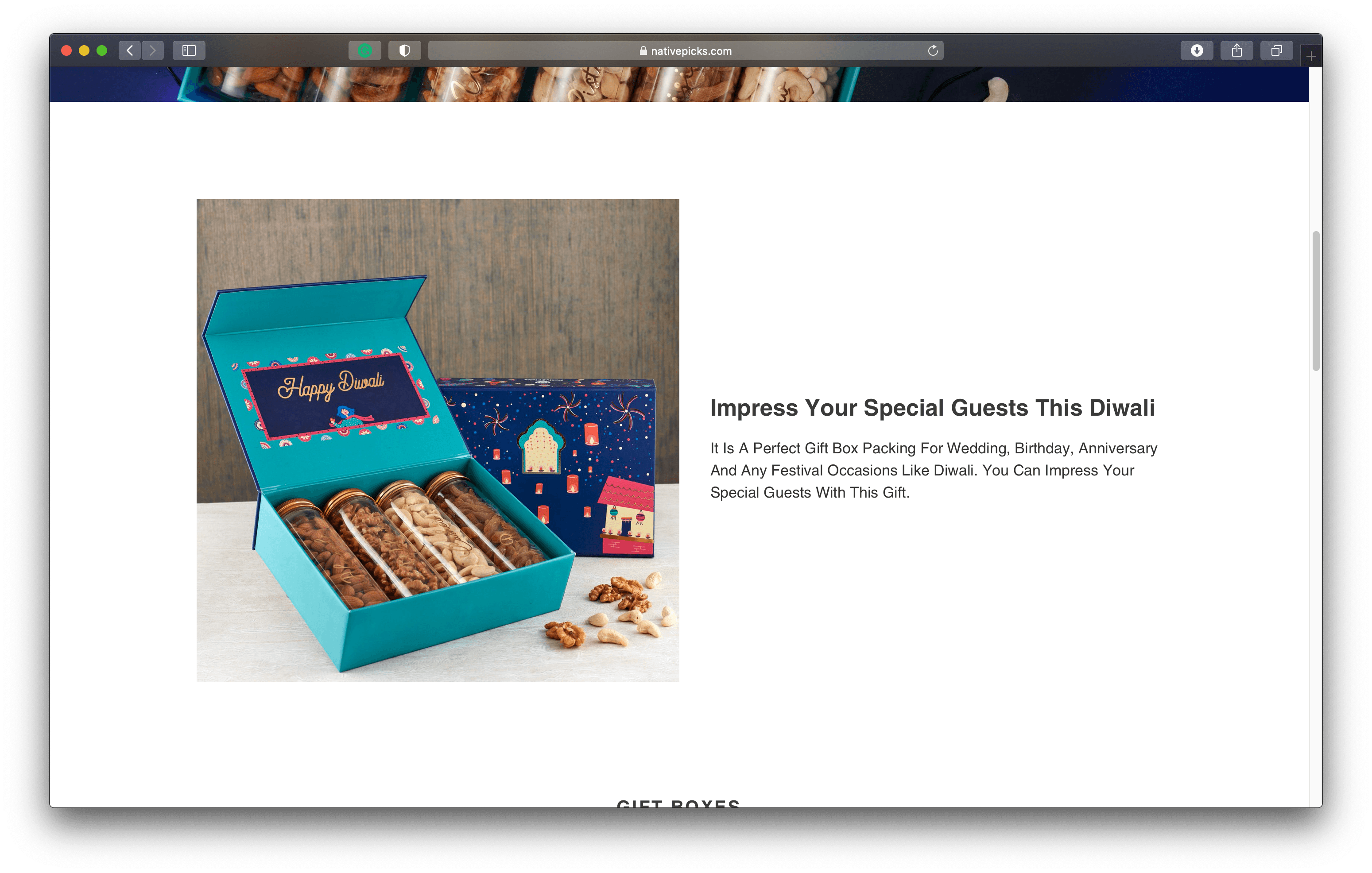Native Picks website page: Impress your special guests this Diwali, with the teal gift box