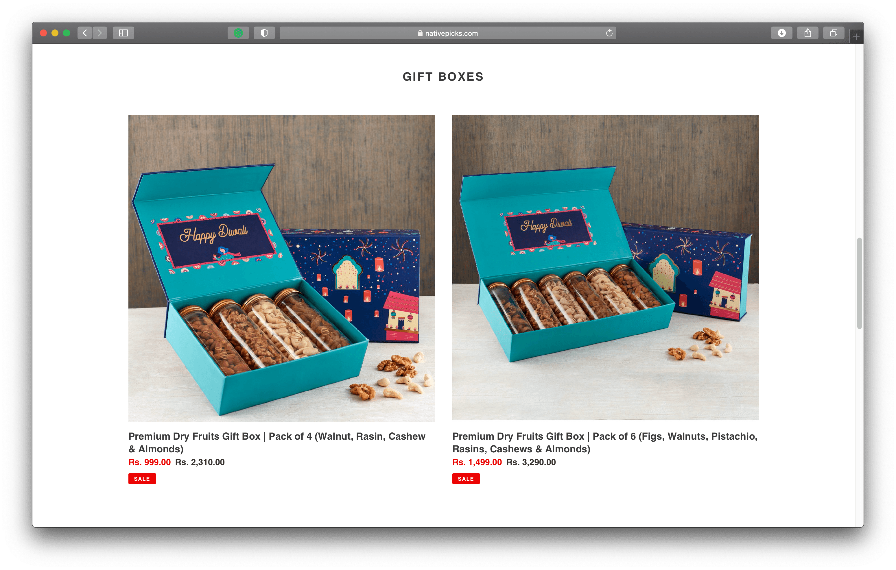 Native Picks website listing of premium dry fruit gift boxes in the teal Diwali packaging