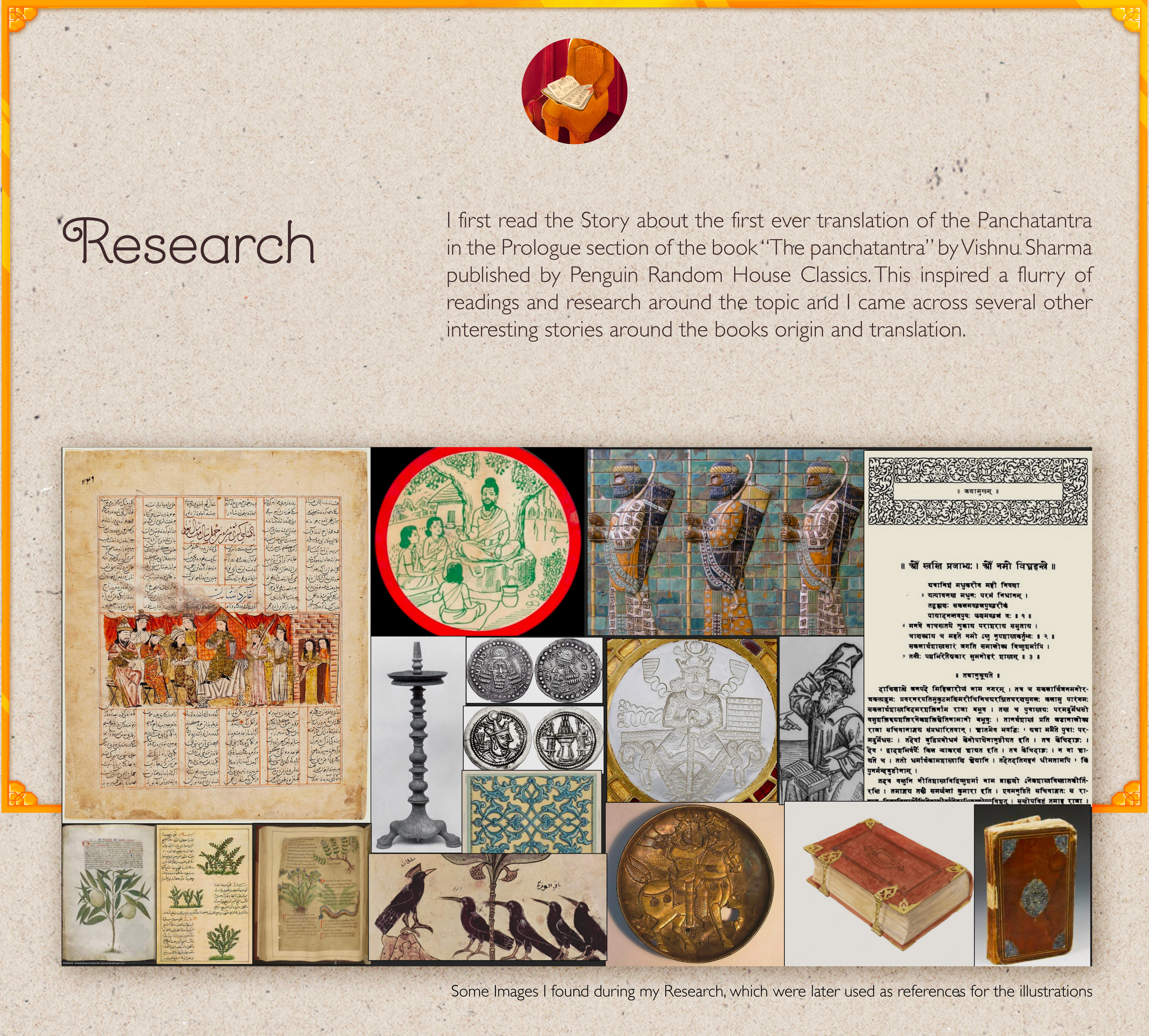 Research mood board for the Panchatantra zine: Persian manuscripts, coins, birds and old books